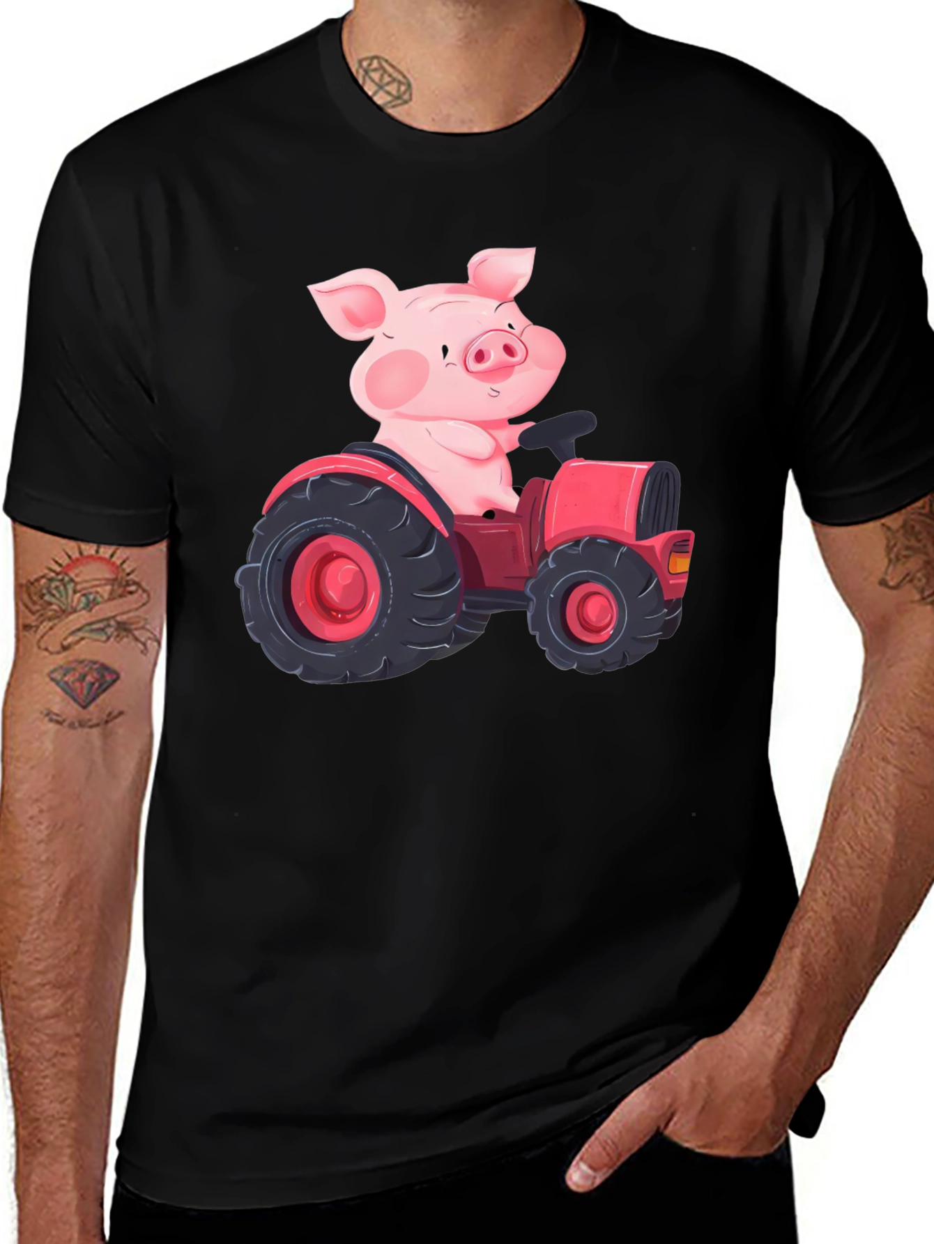 Pig Driving Tractor Graphic T-Shirt