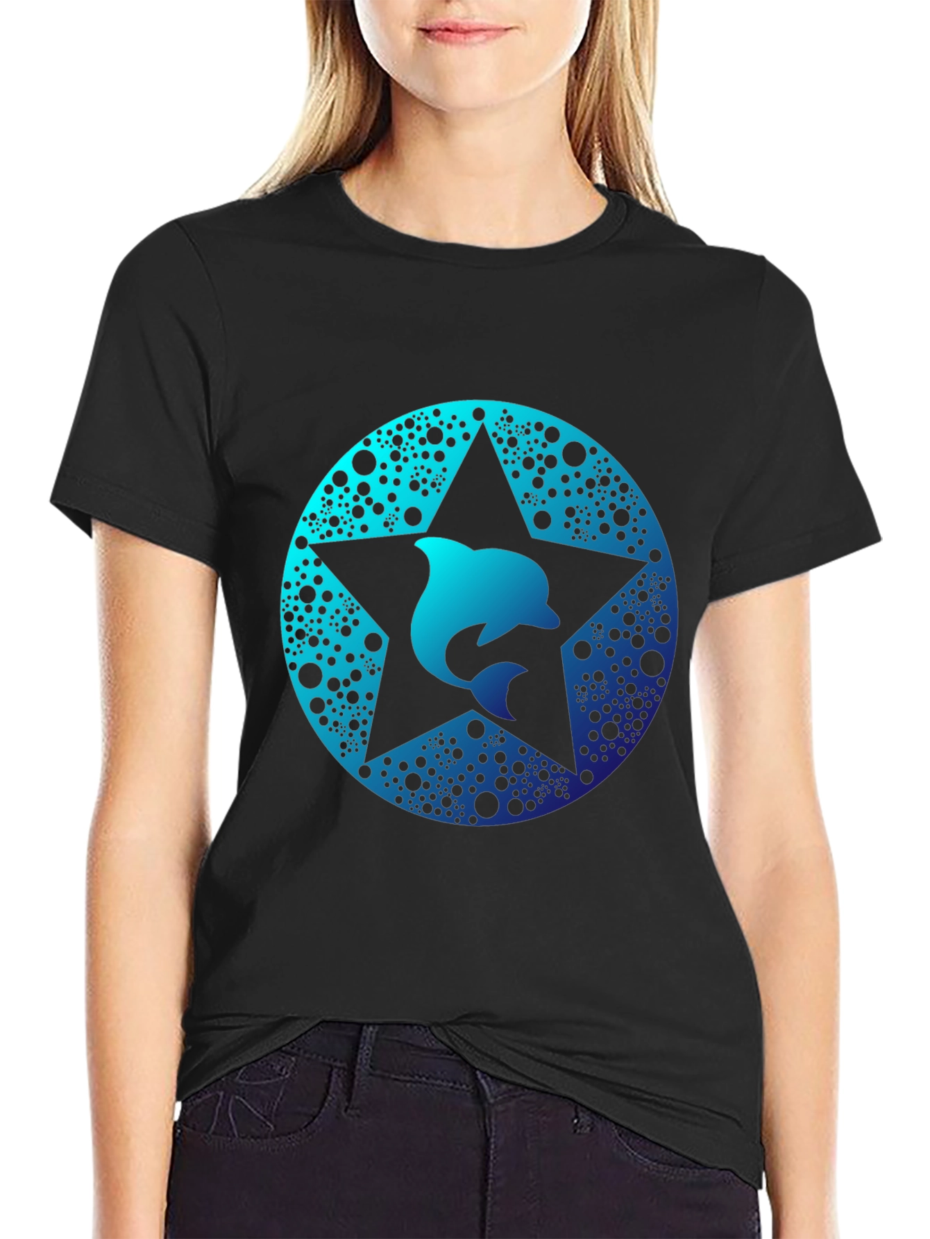 Dolphin Star Graphic Tee - Black Cotton Comfort