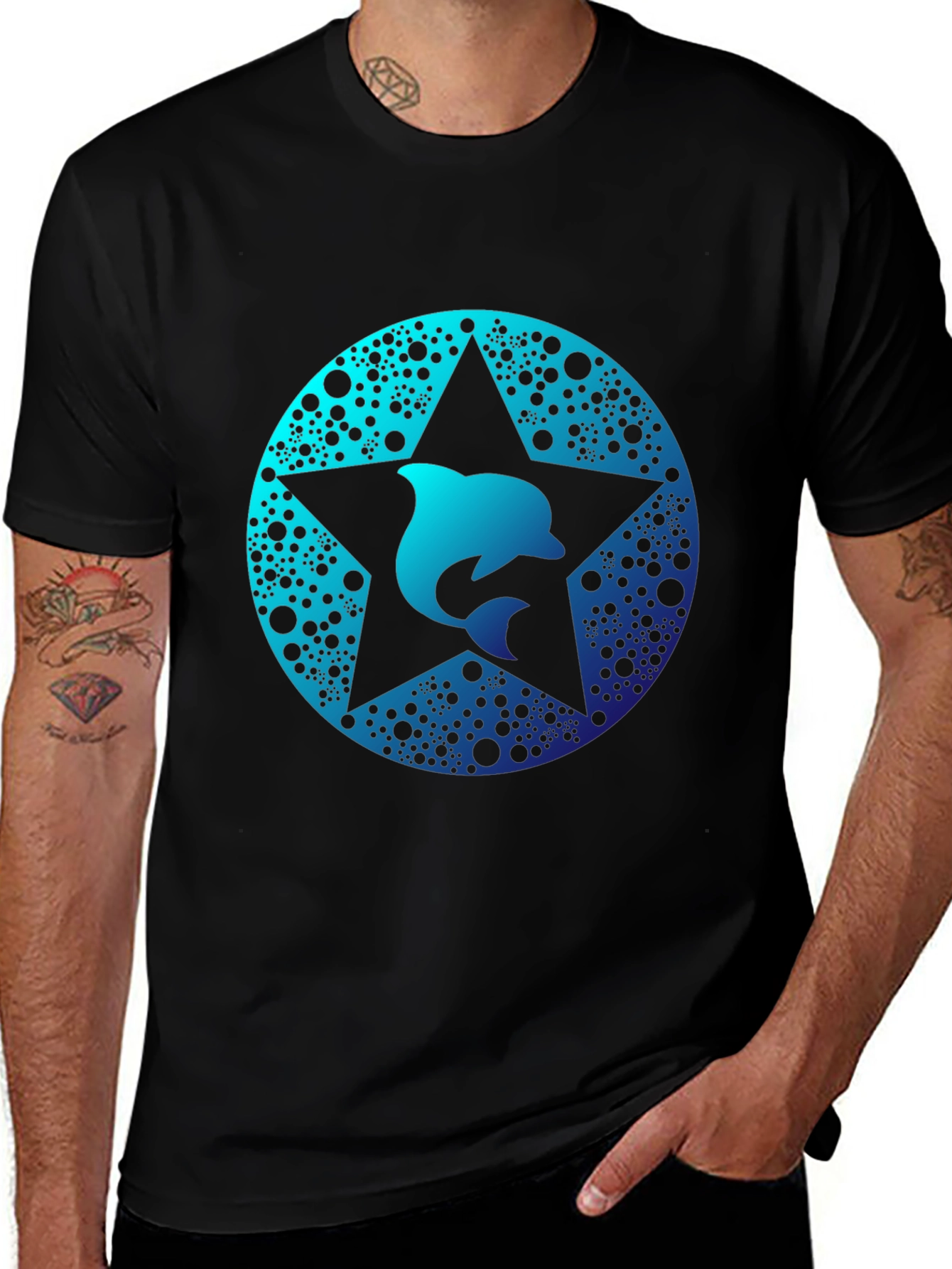 Dolphin Star Graphic Tee - Black Cotton Comfort