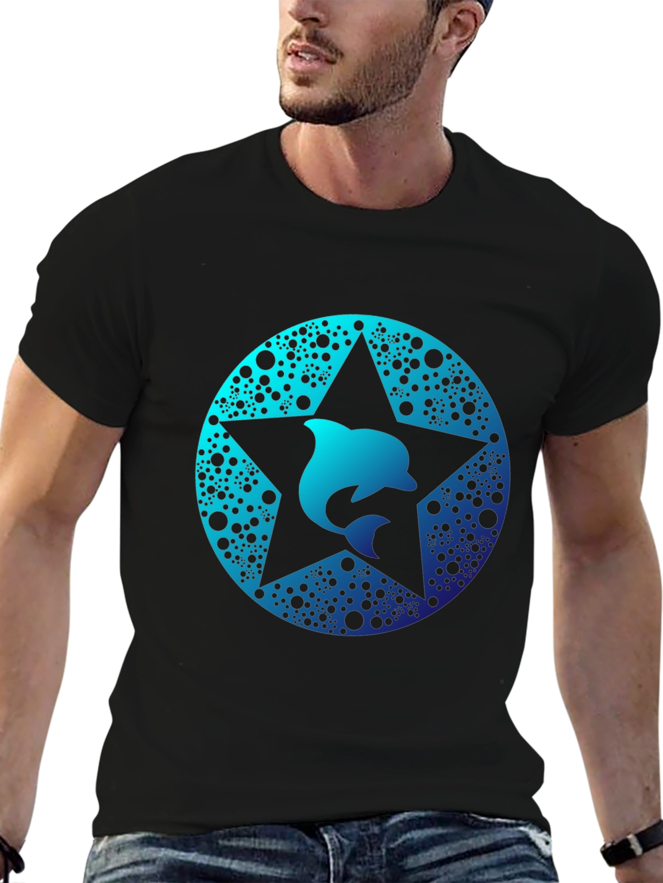 Dolphin Star Graphic Tee - Black Cotton Comfort