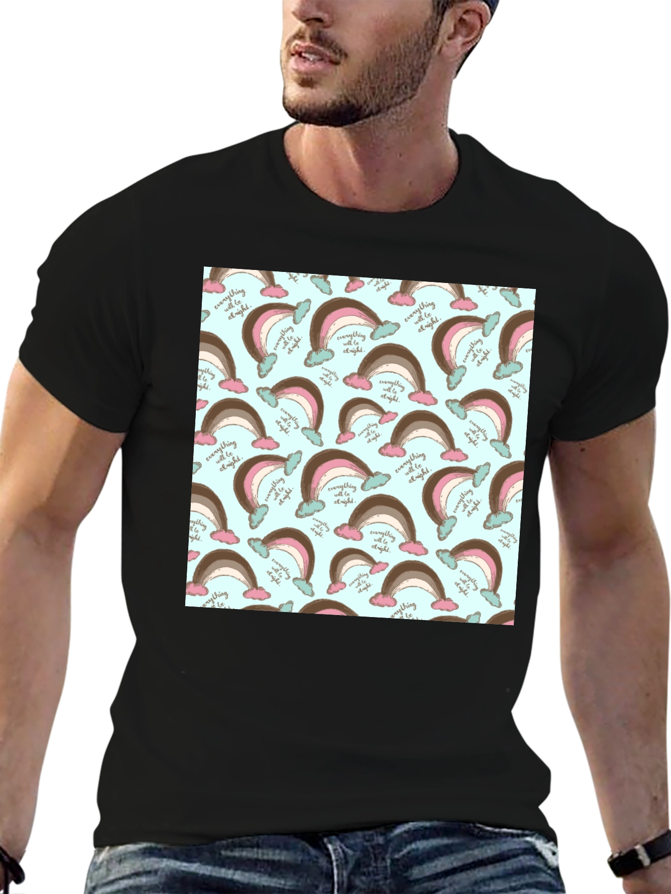Rainbow Patterned Mens Black T-Shirt