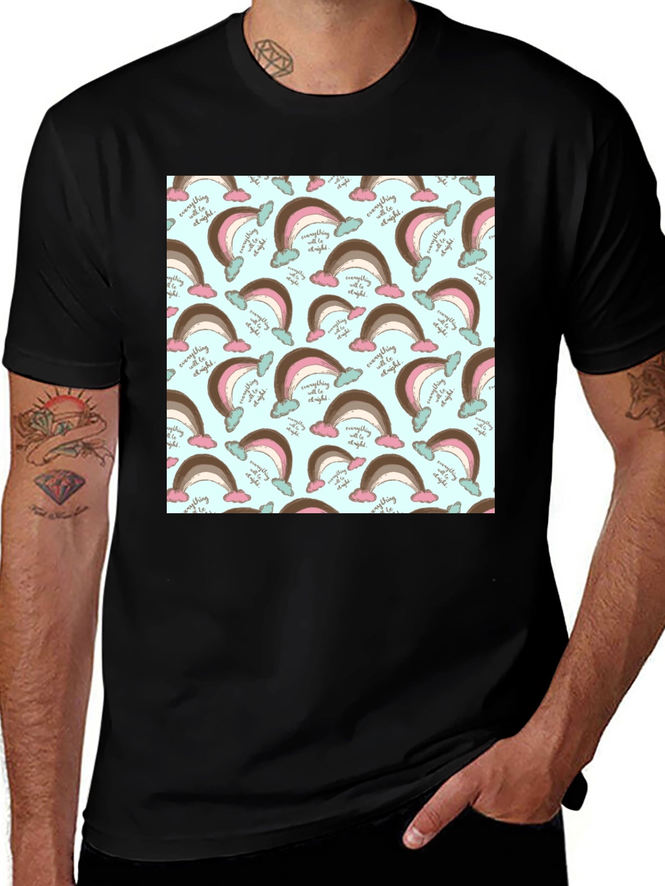 Rainbow Patterned Mens Black T-Shirt