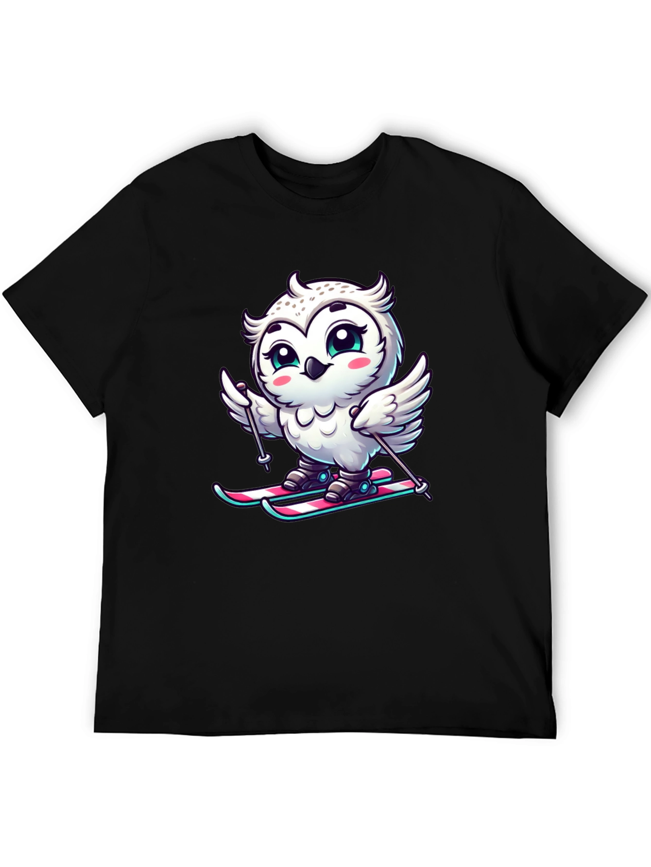 Cute Owl Skiing Graphic Tee - Black