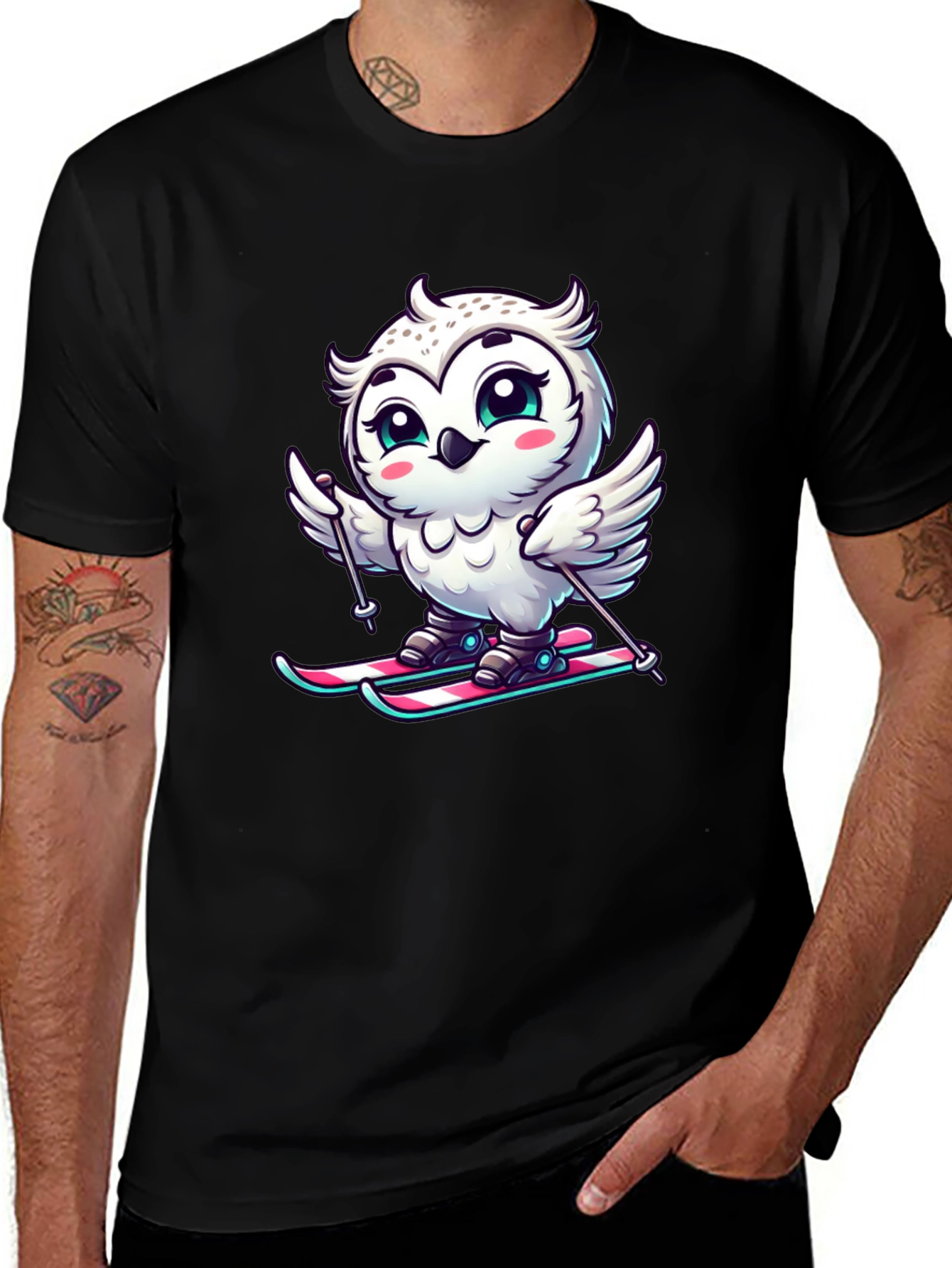 Cute Owl Skiing Graphic Tee - Black