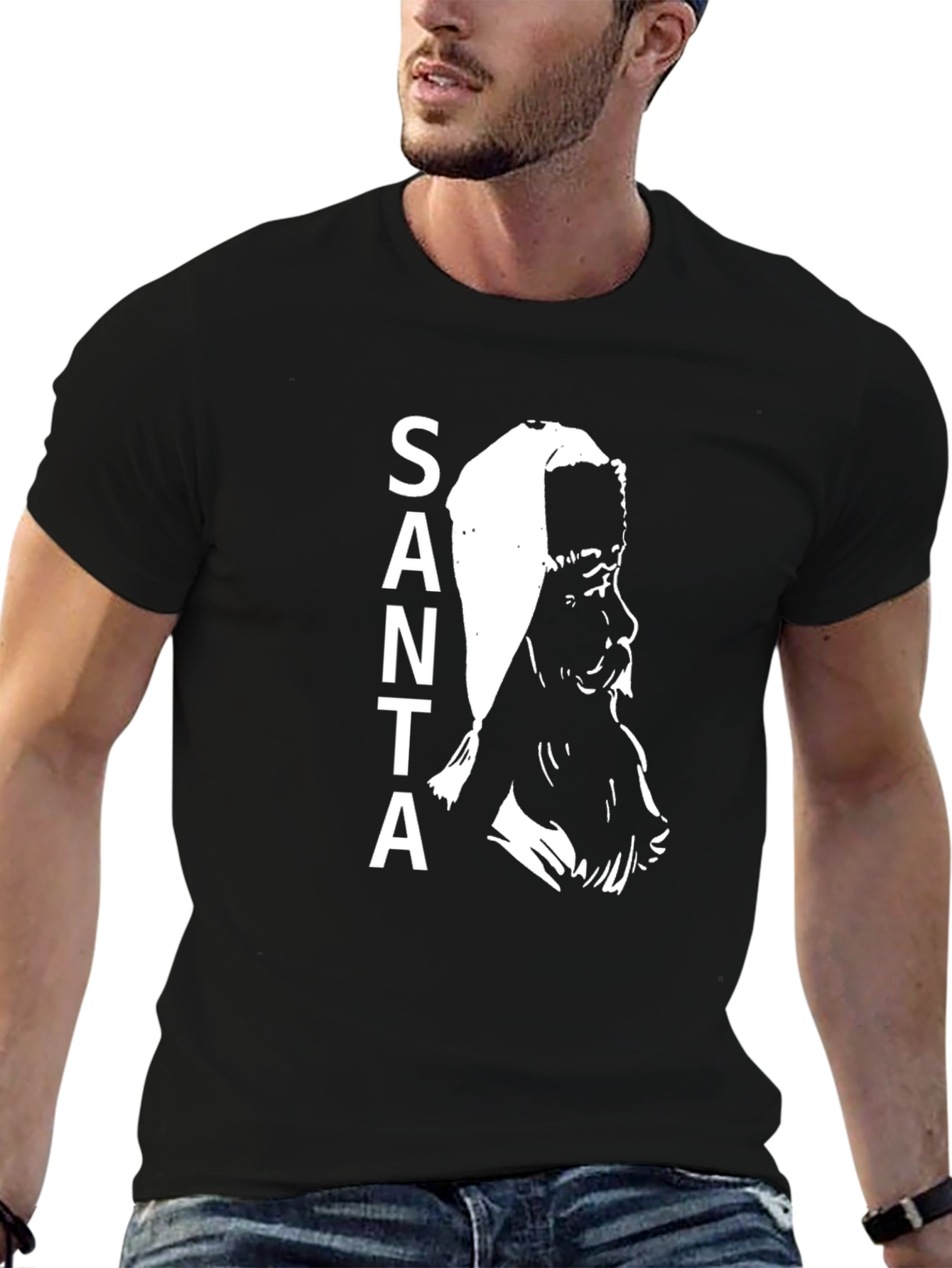 Santa Graphic Print Black T-Shirt