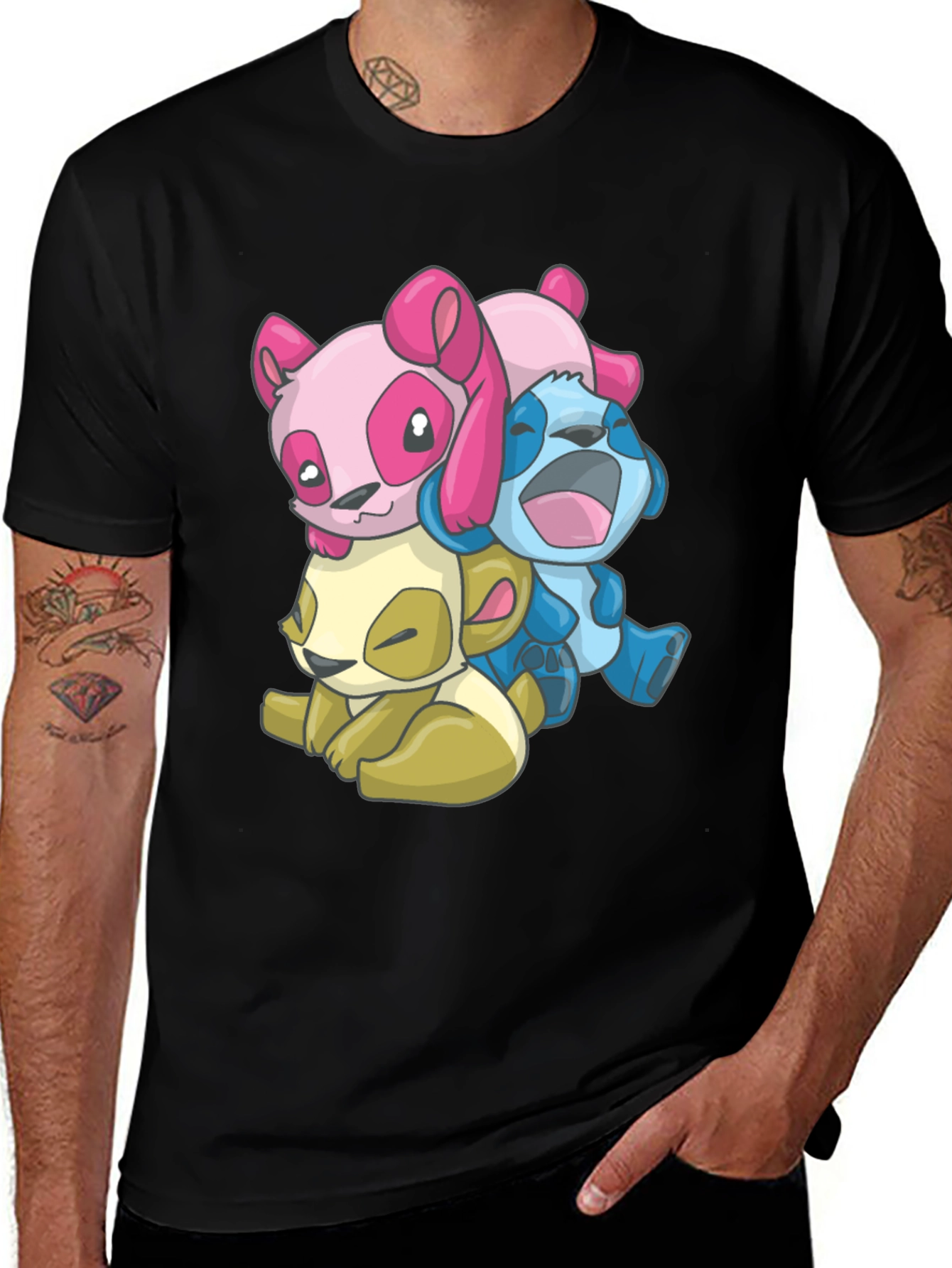 Cartoon Animal Stack Black T-Shirt