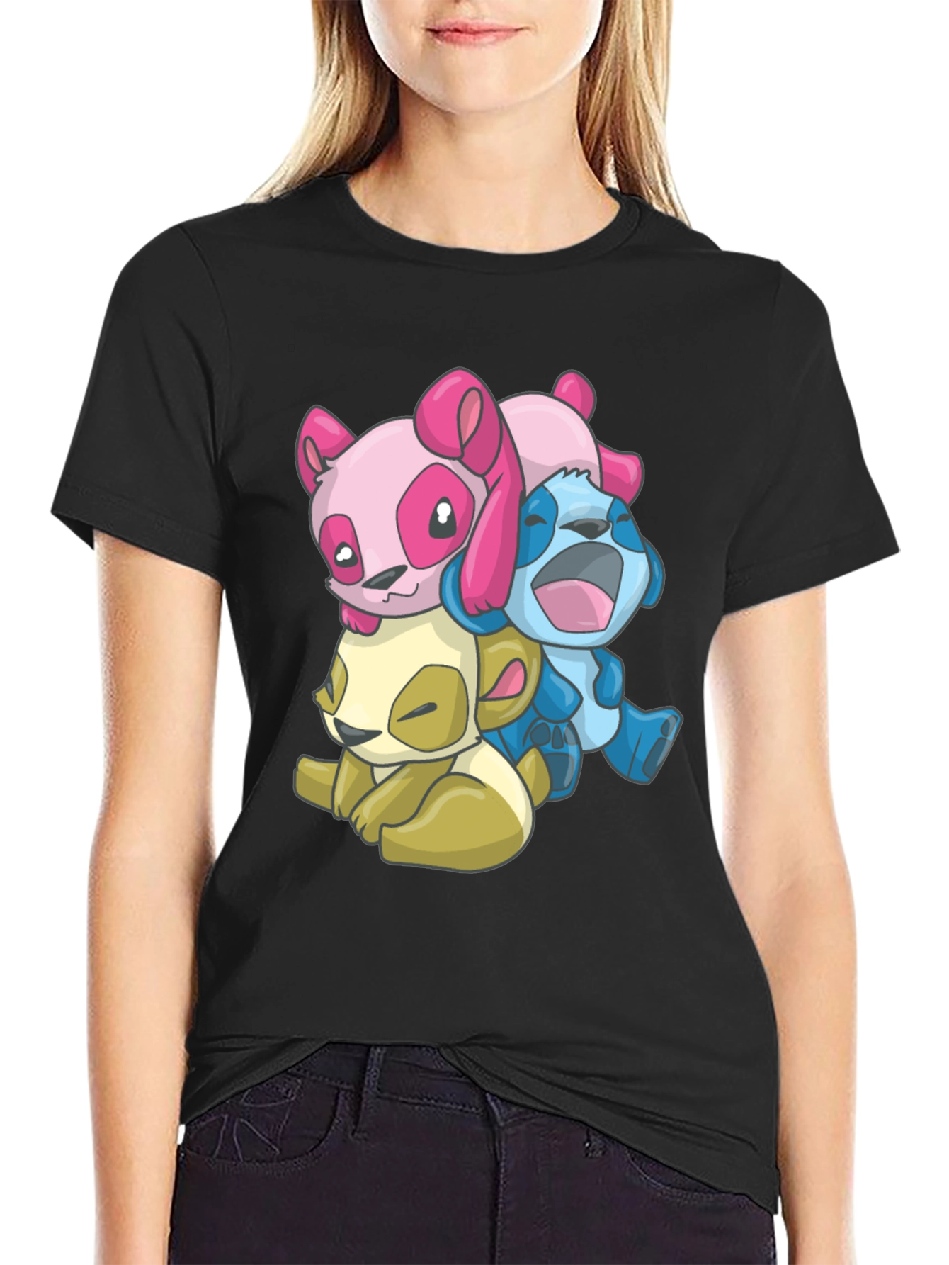 Cartoon Animal Stack Black T-Shirt