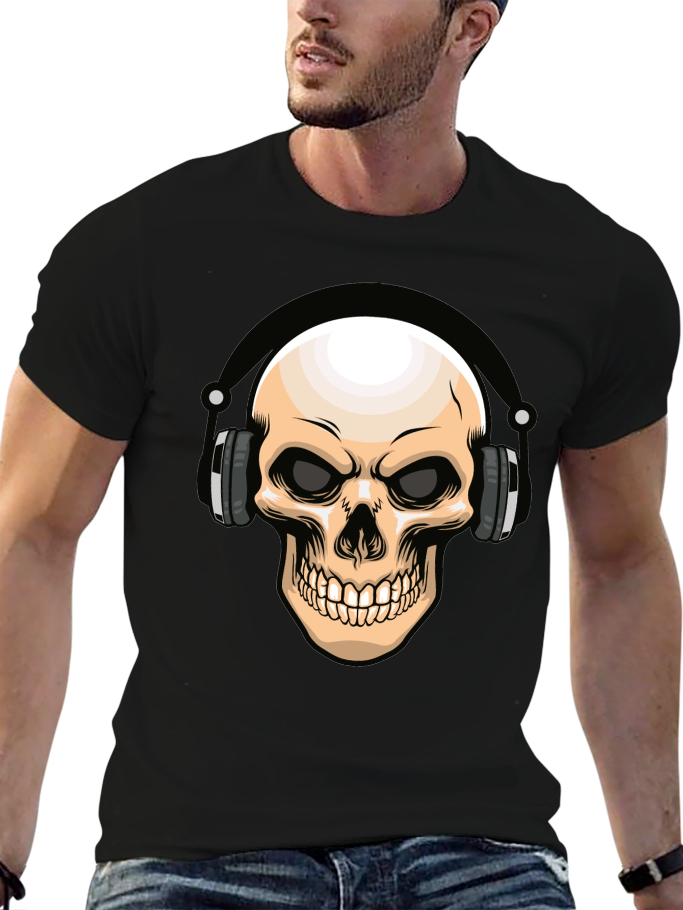 Skull Headphones Graphic T-Shirt - Cool DJ Design