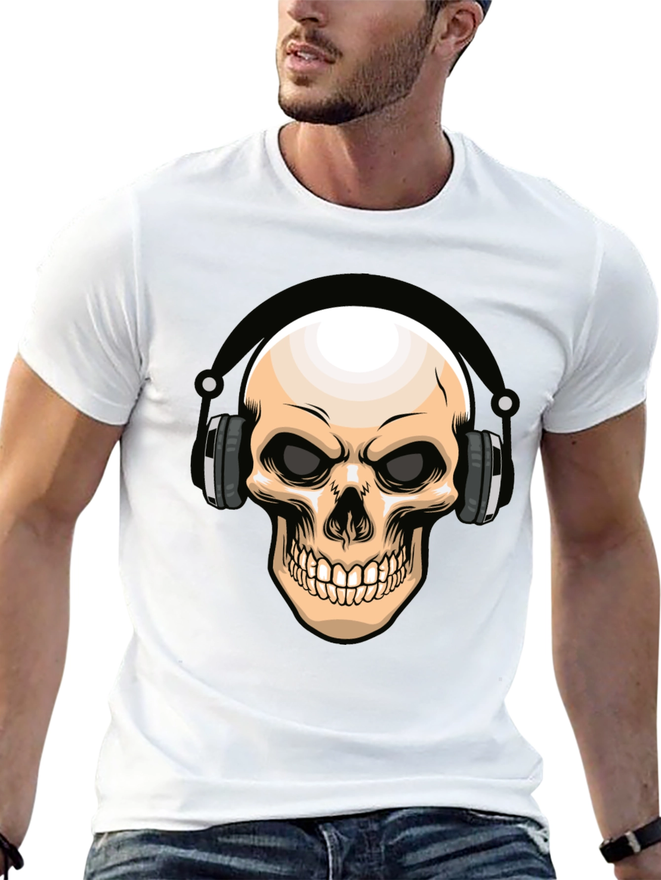 Skull Headphones Graphic T-Shirt - Cool DJ Design