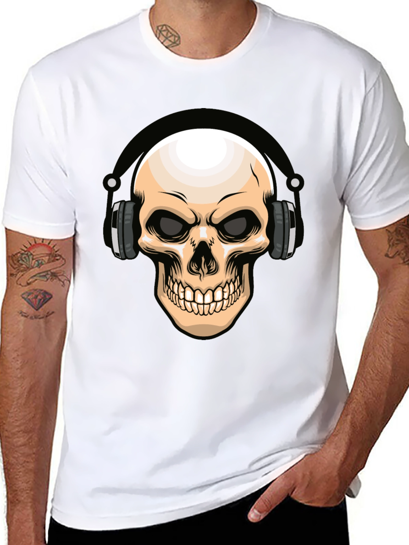 Skull Headphones Graphic T-Shirt - Cool DJ Design