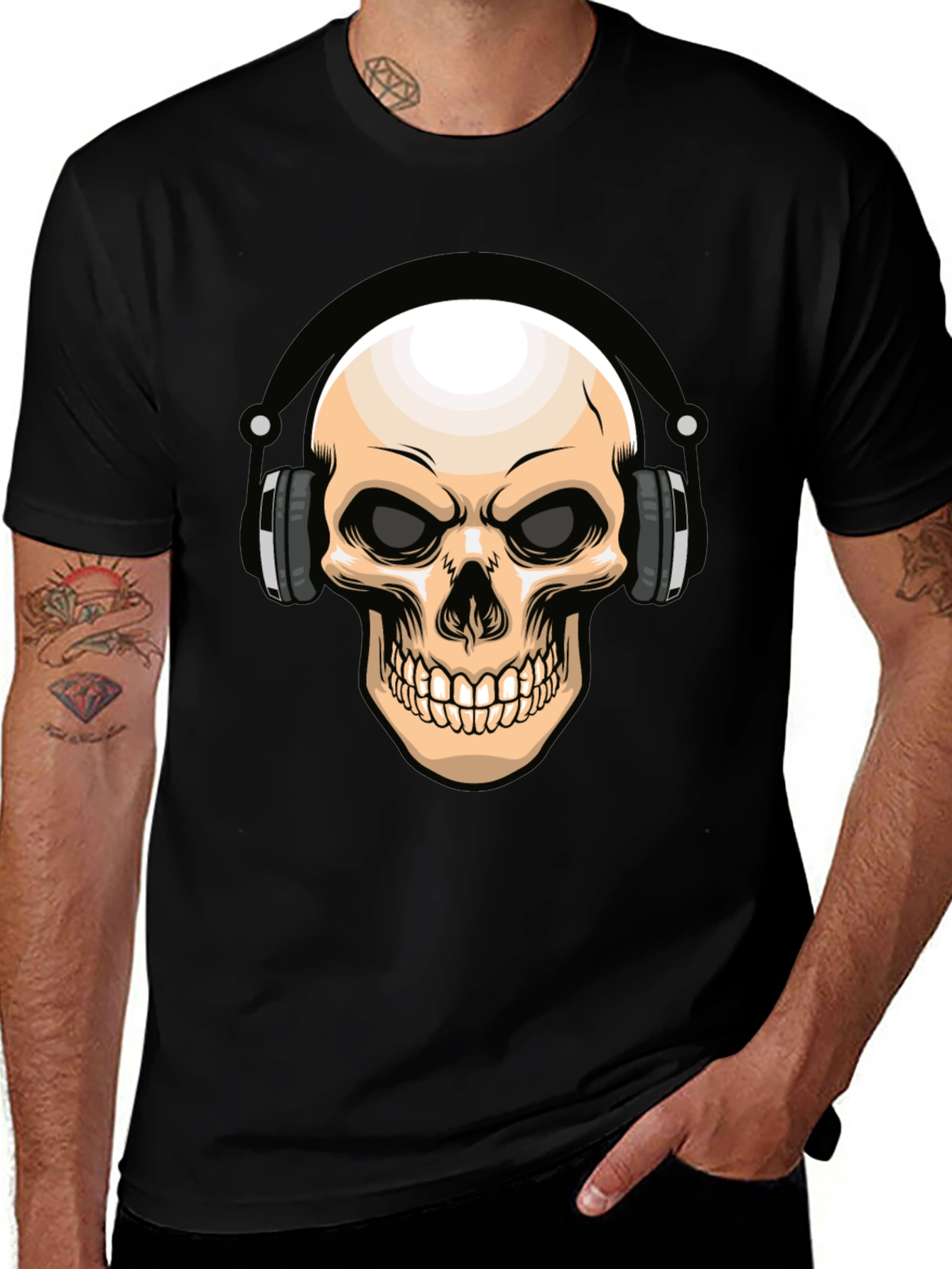 Skull Headphones Graphic T-Shirt - Cool DJ Design