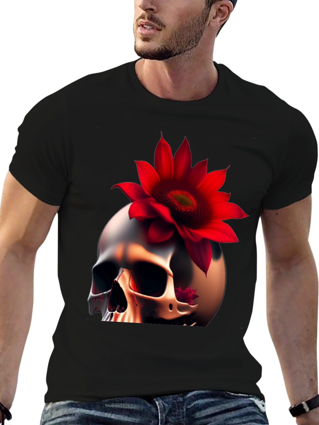 Skull & Red Flower Graphic T-Shirt