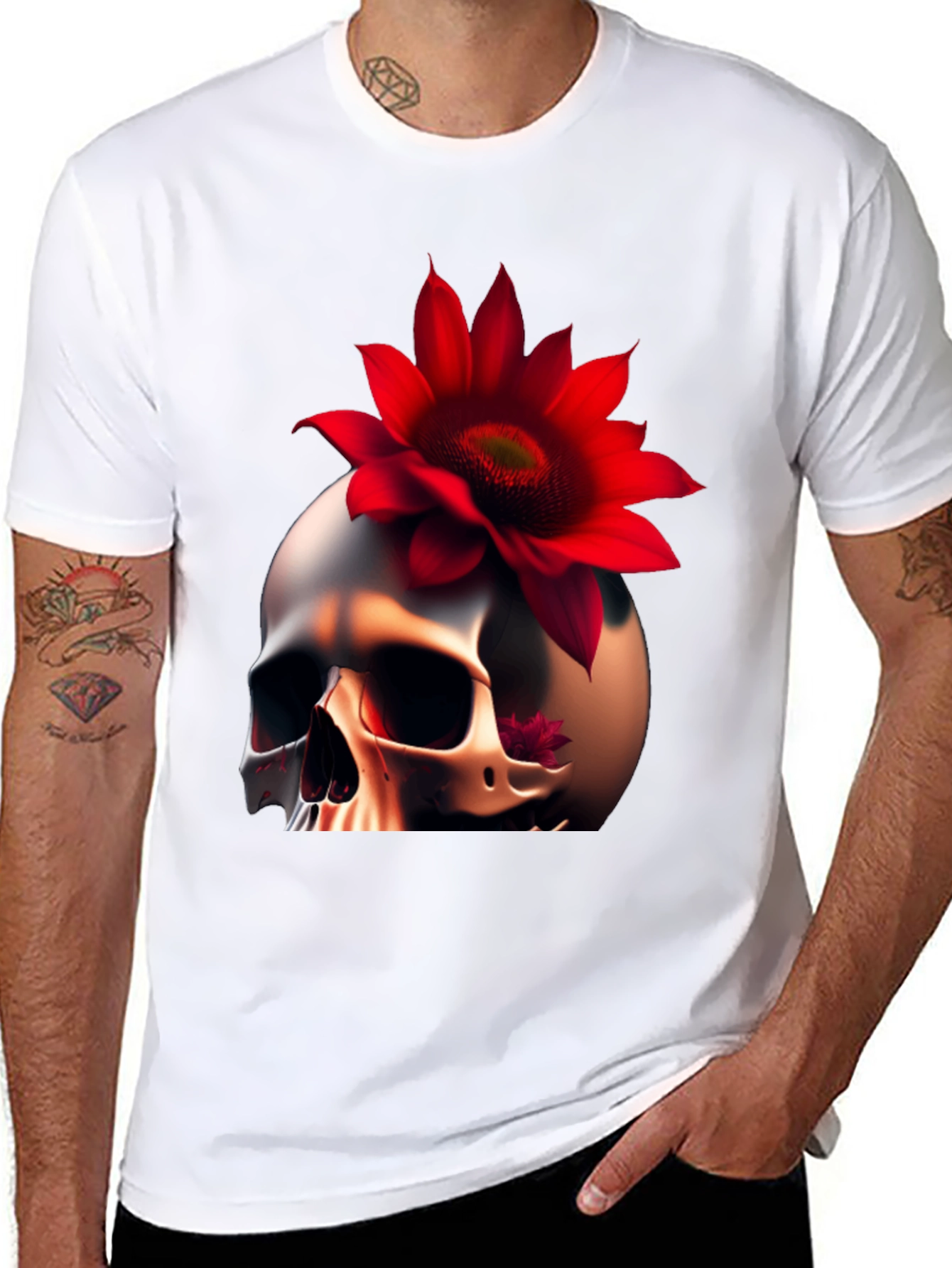 Skull & Red Flower Graphic T-Shirt
