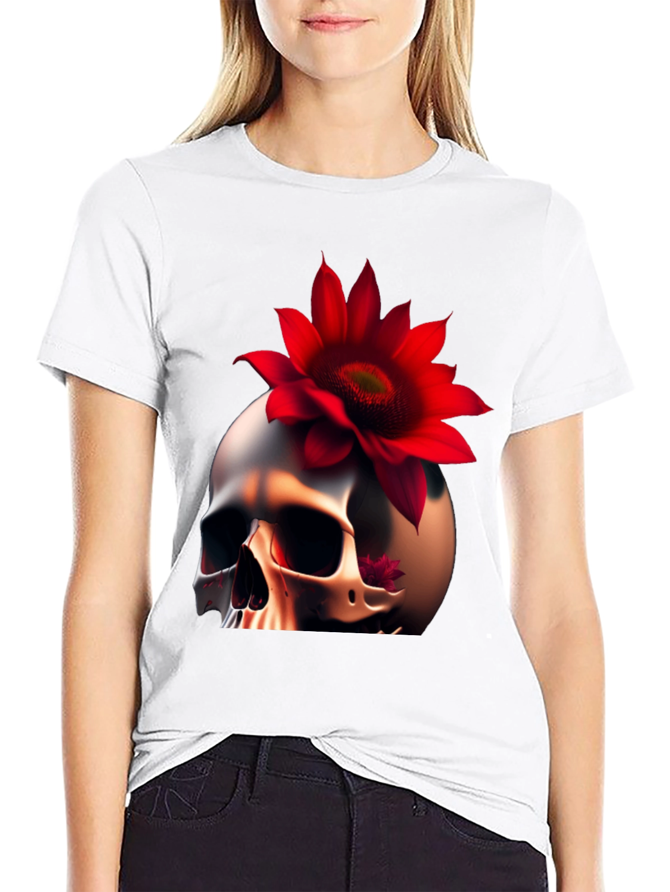 Skull & Red Flower Graphic T-Shirt