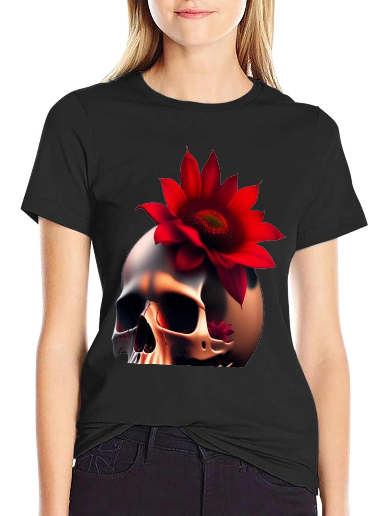 Skull & Red Flower Graphic T-Shirt
