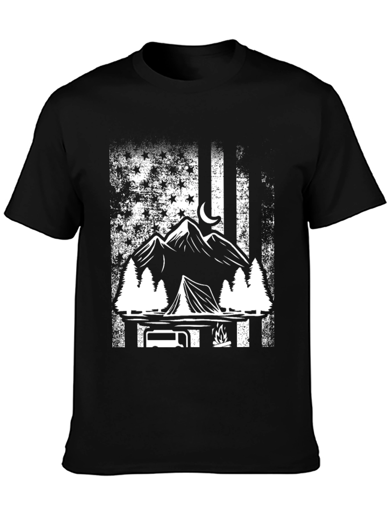 Camping Adventure T-Shirt - Mountain & American Flag Design