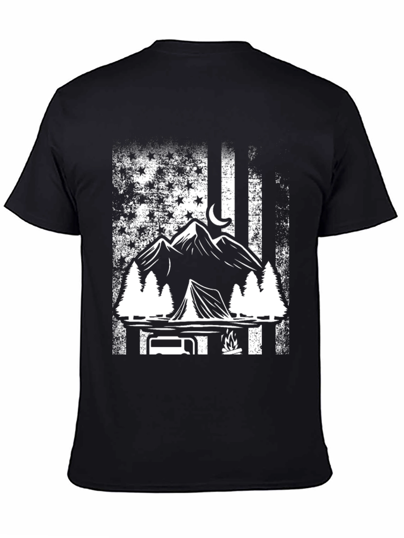 Camping Adventure T-Shirt - Mountain & American Flag Design