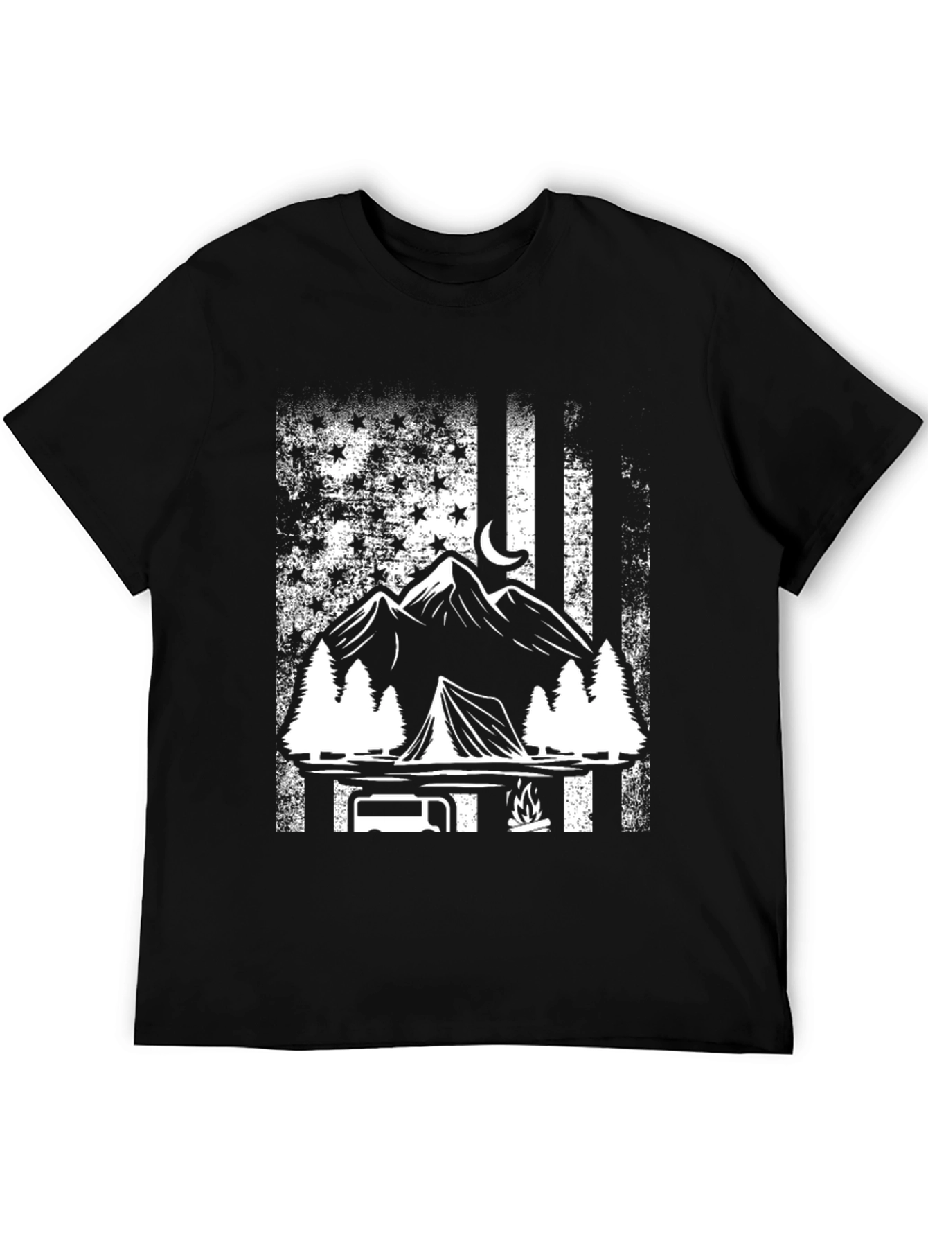 Camping Adventure T-Shirt - Mountain & American Flag Design