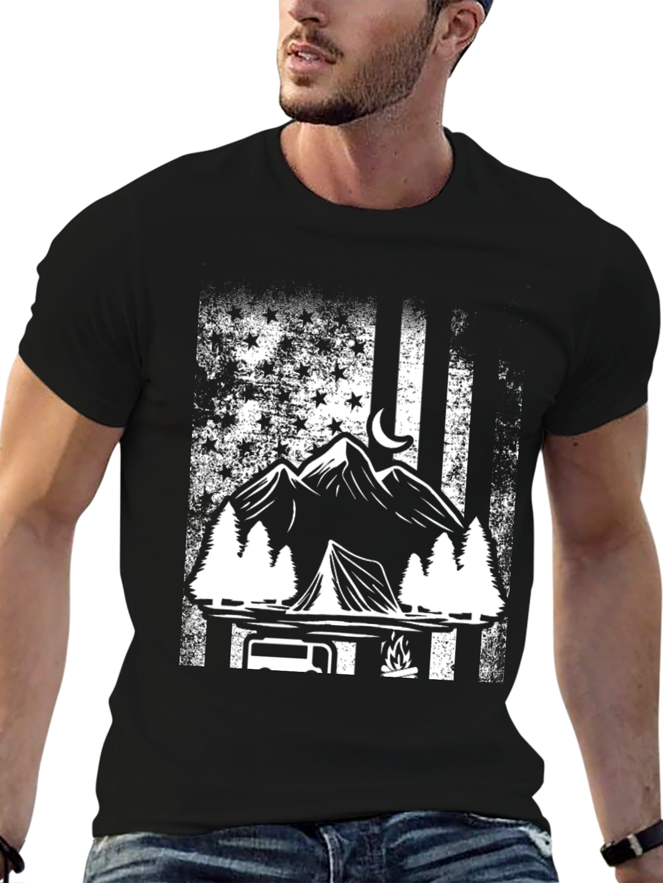 Camping Adventure T-Shirt - Mountain & American Flag Design