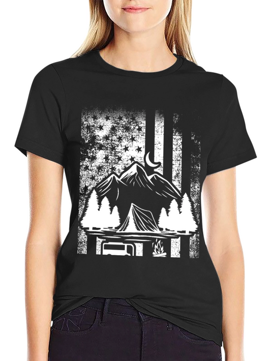 Camping Adventure T-Shirt - Mountain & American Flag Design