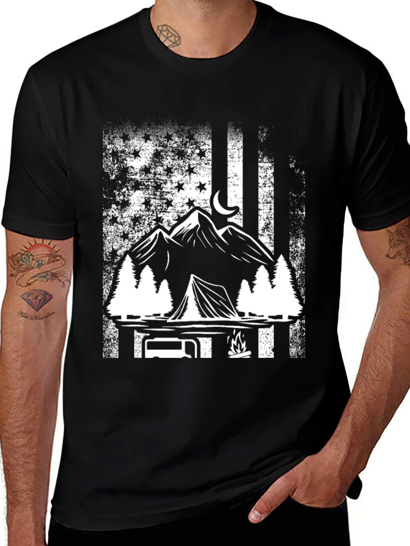 Camping Adventure T-Shirt - Mountain & American Flag Design
