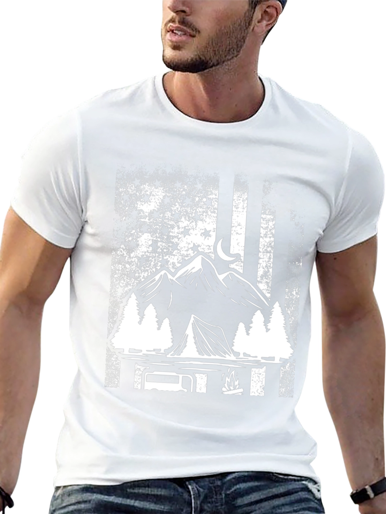 Camping Adventure T-Shirt - Mountain & American Flag Design