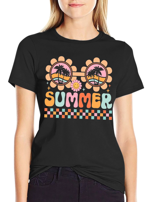 Retro Summer T-Shirt with Palm Tree Sunglasses