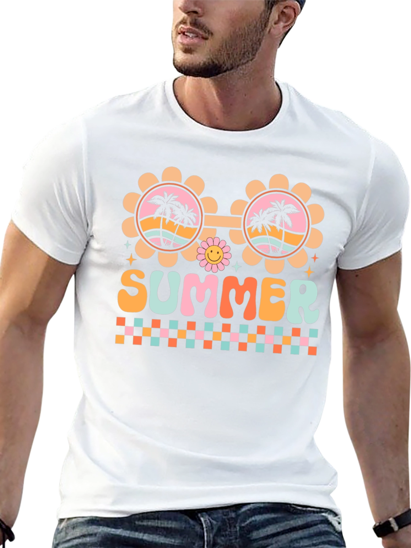 Retro Summer T-Shirt with Palm Tree Sunglasses
