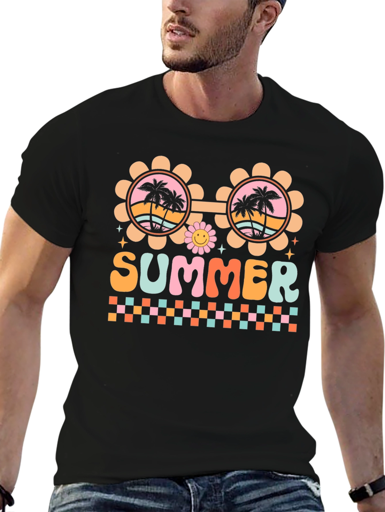 Retro Summer T-Shirt with Palm Tree Sunglasses