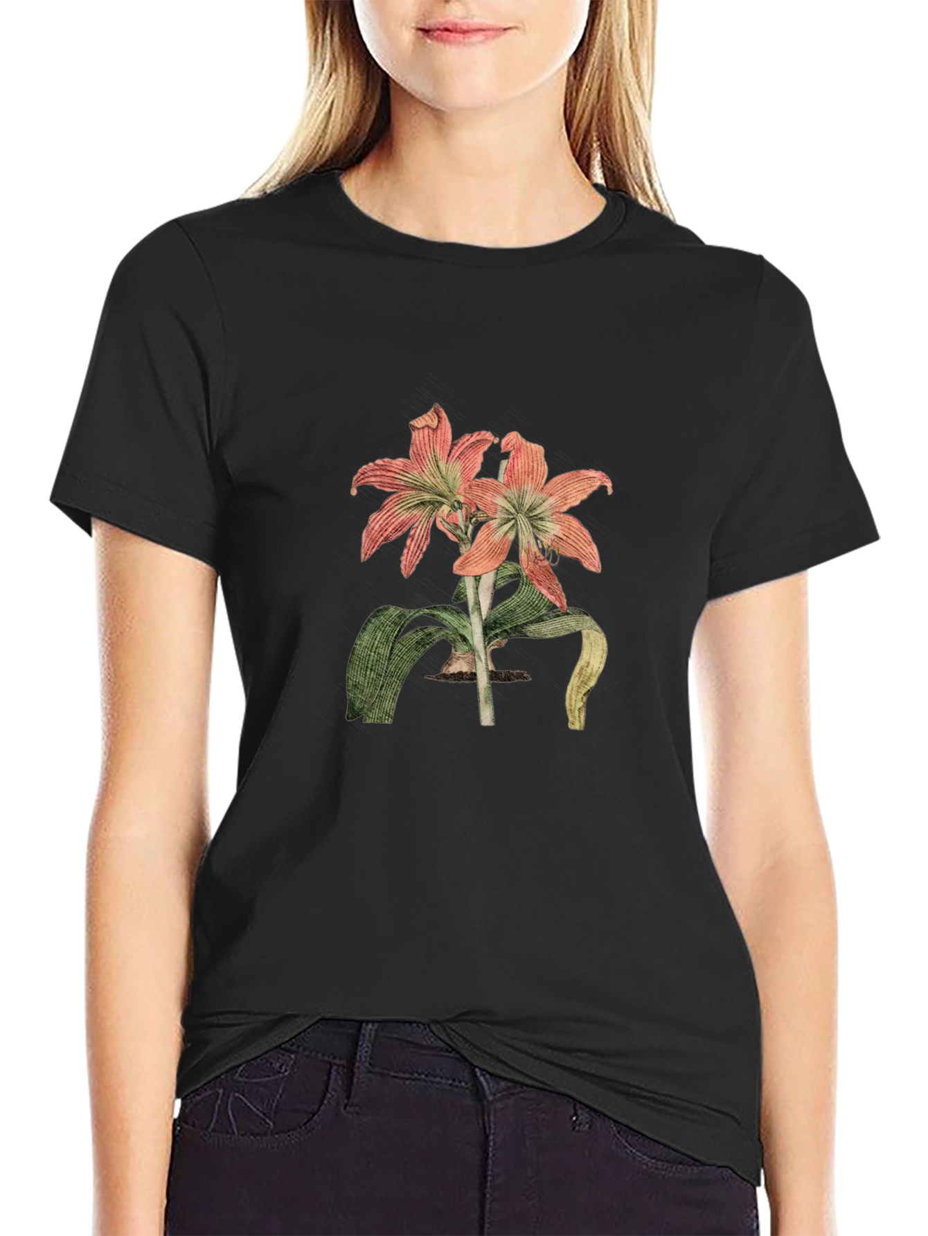 Floral Graphic Print Black Casual T-Shirt