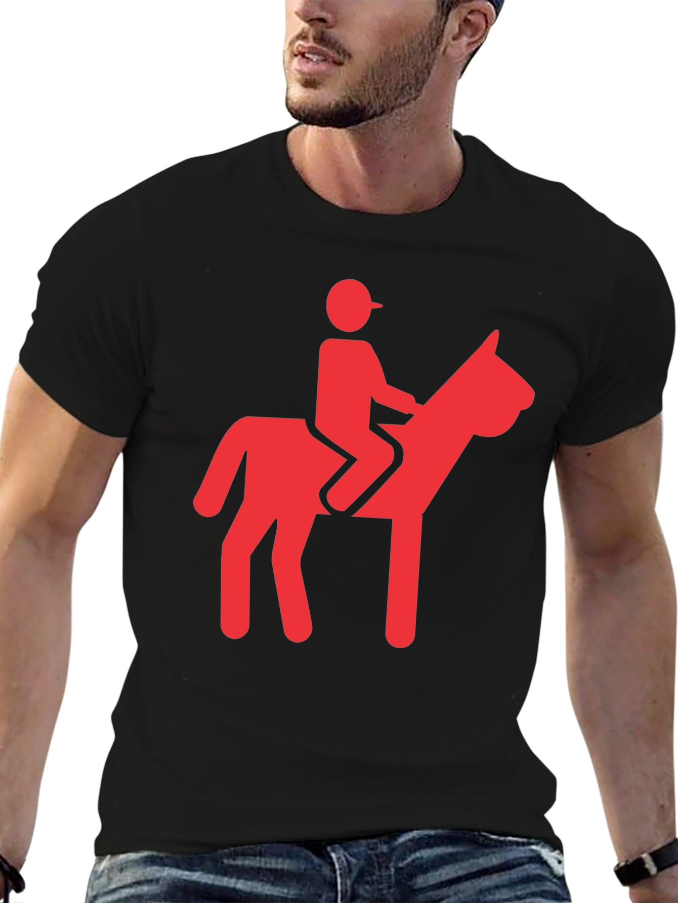 Funny Red Horse Riding Graphic Black T-Shirt