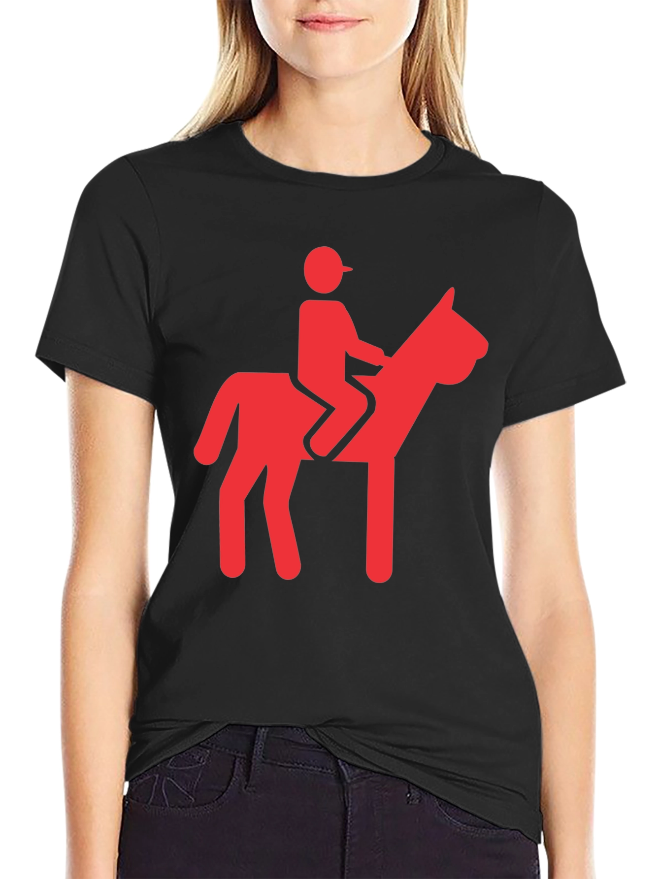 Funny Red Horse Riding Graphic Black T-Shirt