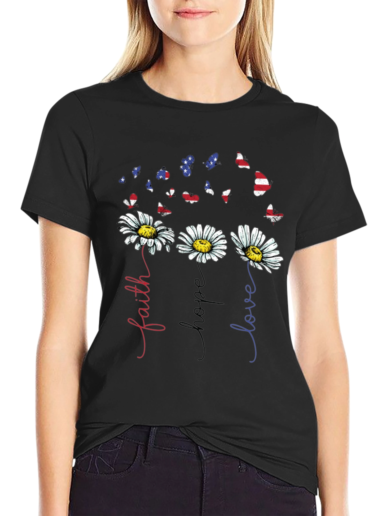 Faith Hope Love Patriotic Butterfly Daisy Graphic Tee