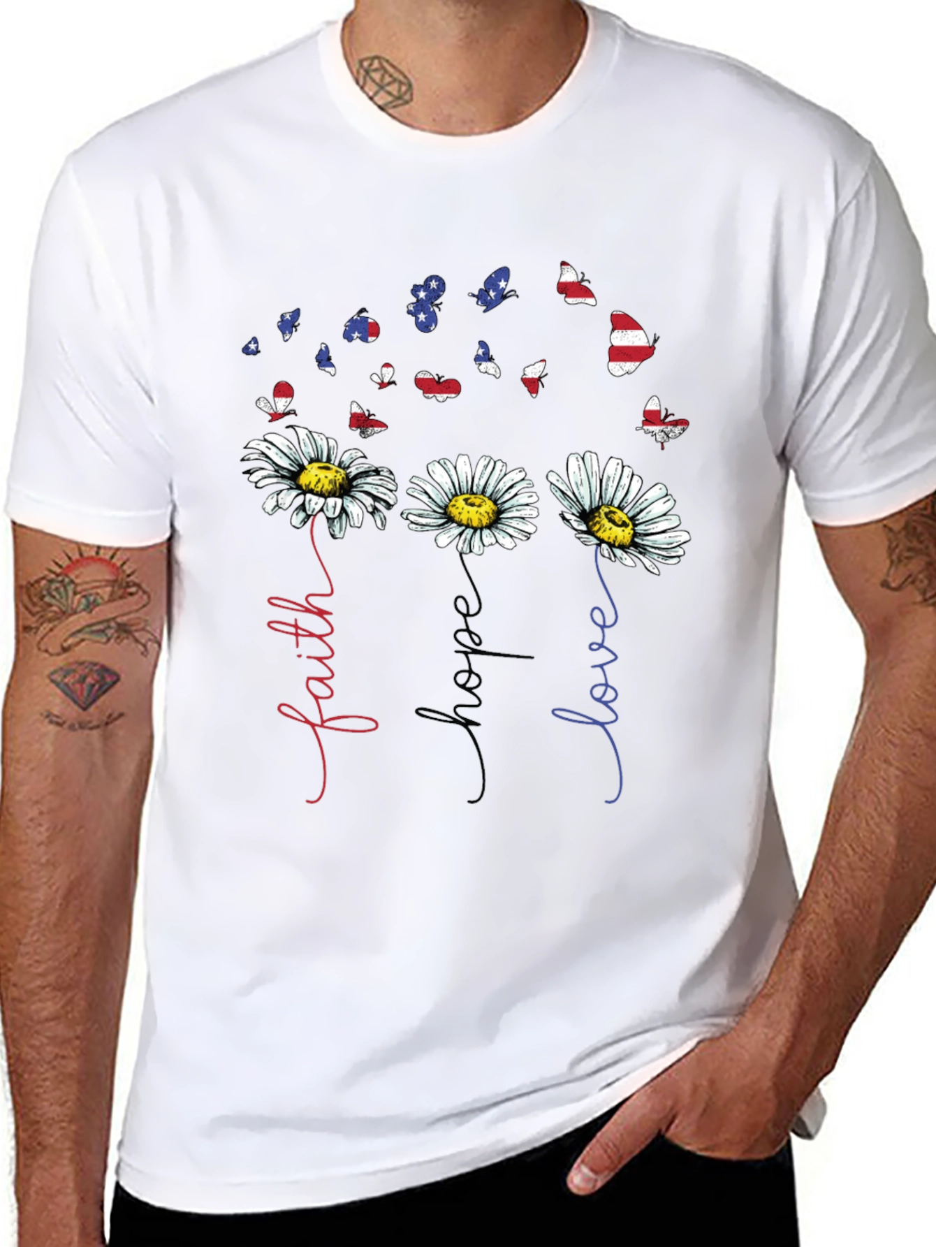 Faith Hope Love Patriotic Butterfly Daisy Graphic Tee