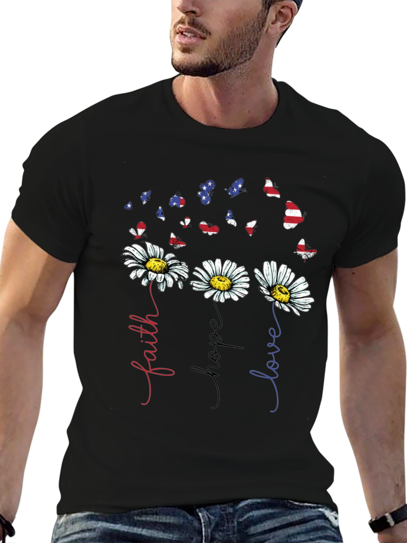 Faith Hope Love Patriotic Butterfly Daisy Graphic Tee