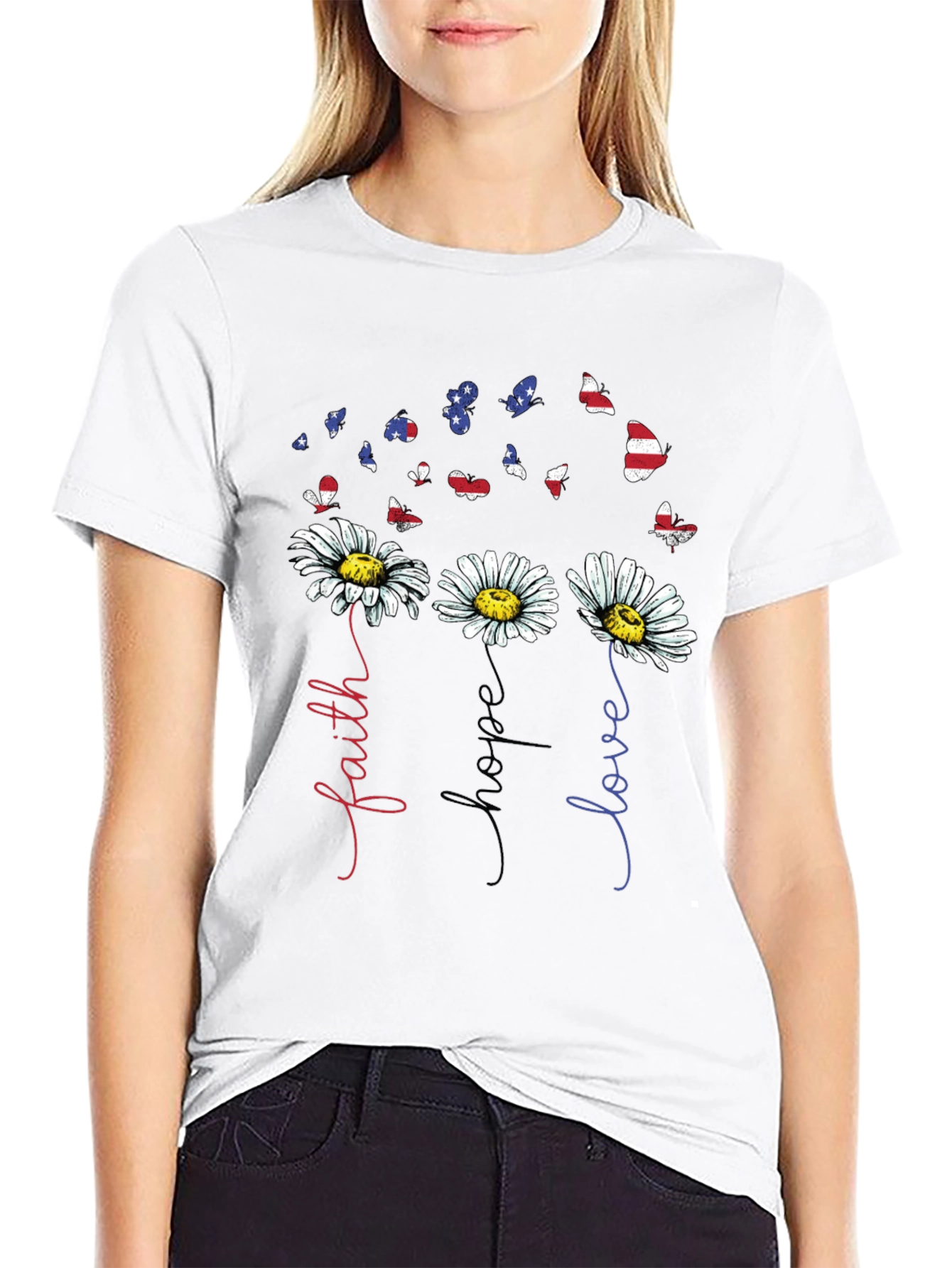 Faith Hope Love Patriotic Butterfly Daisy Graphic Tee