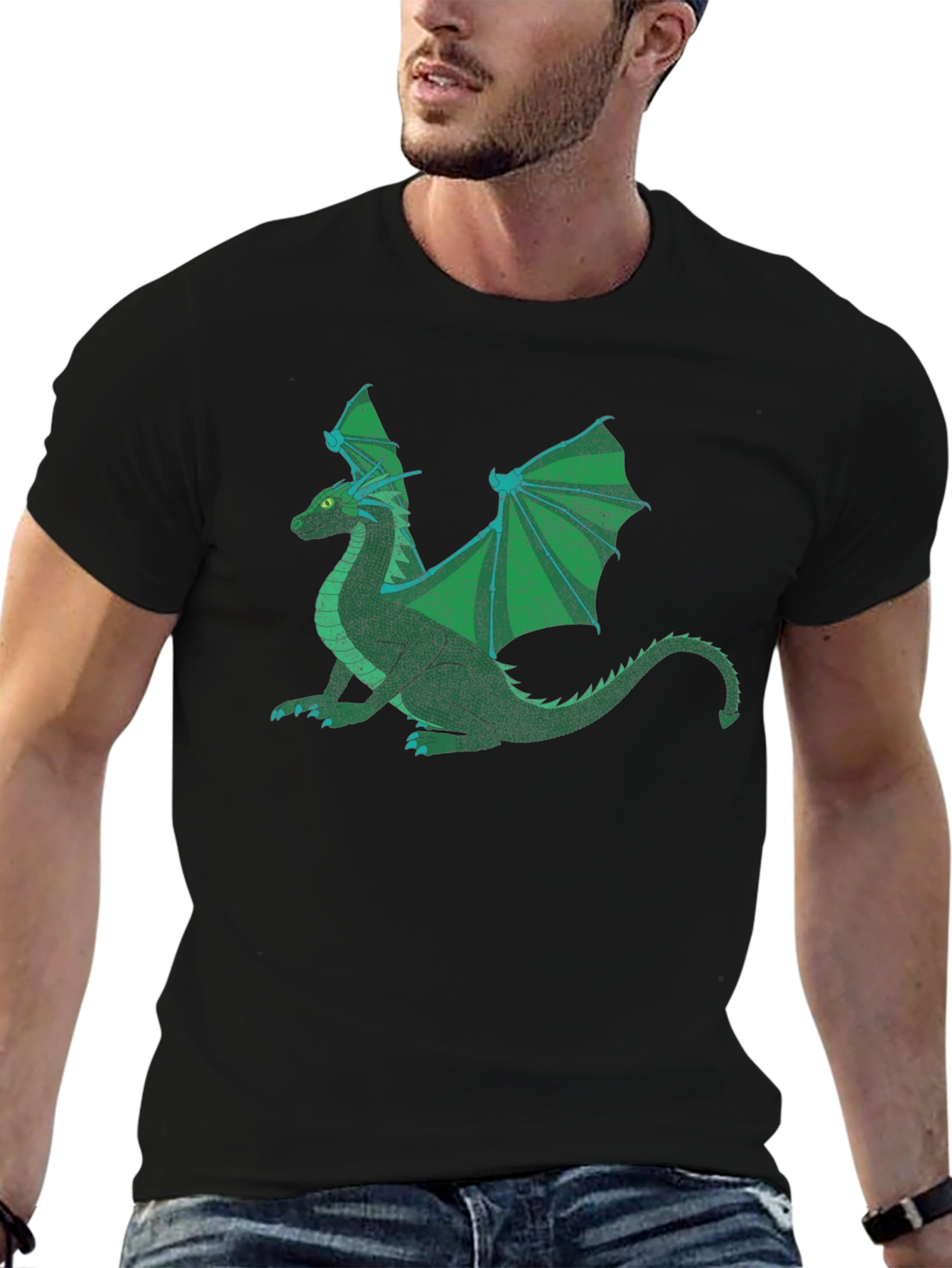 Green Dragon Graphic Print Black T-Shirt