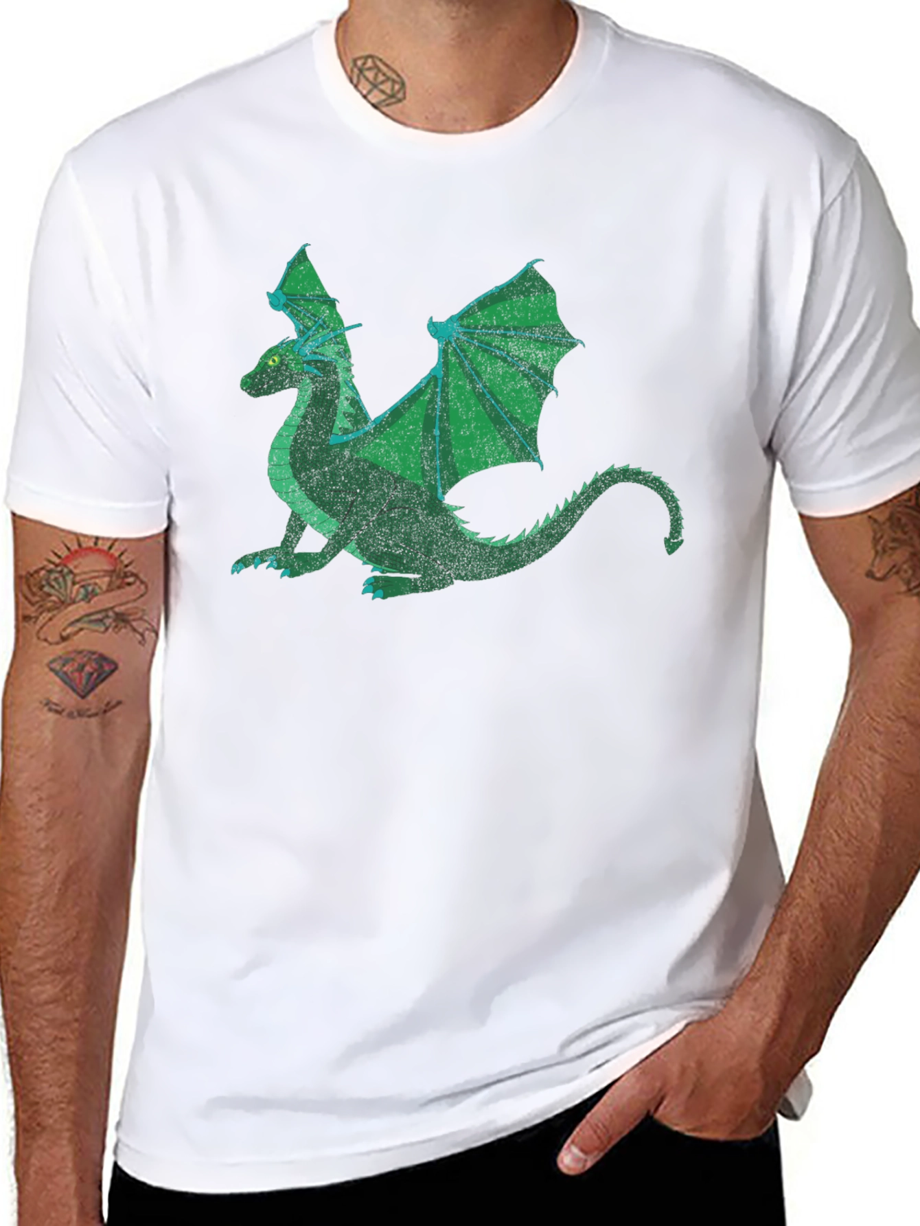Green Dragon Graphic Print Black T-Shirt
