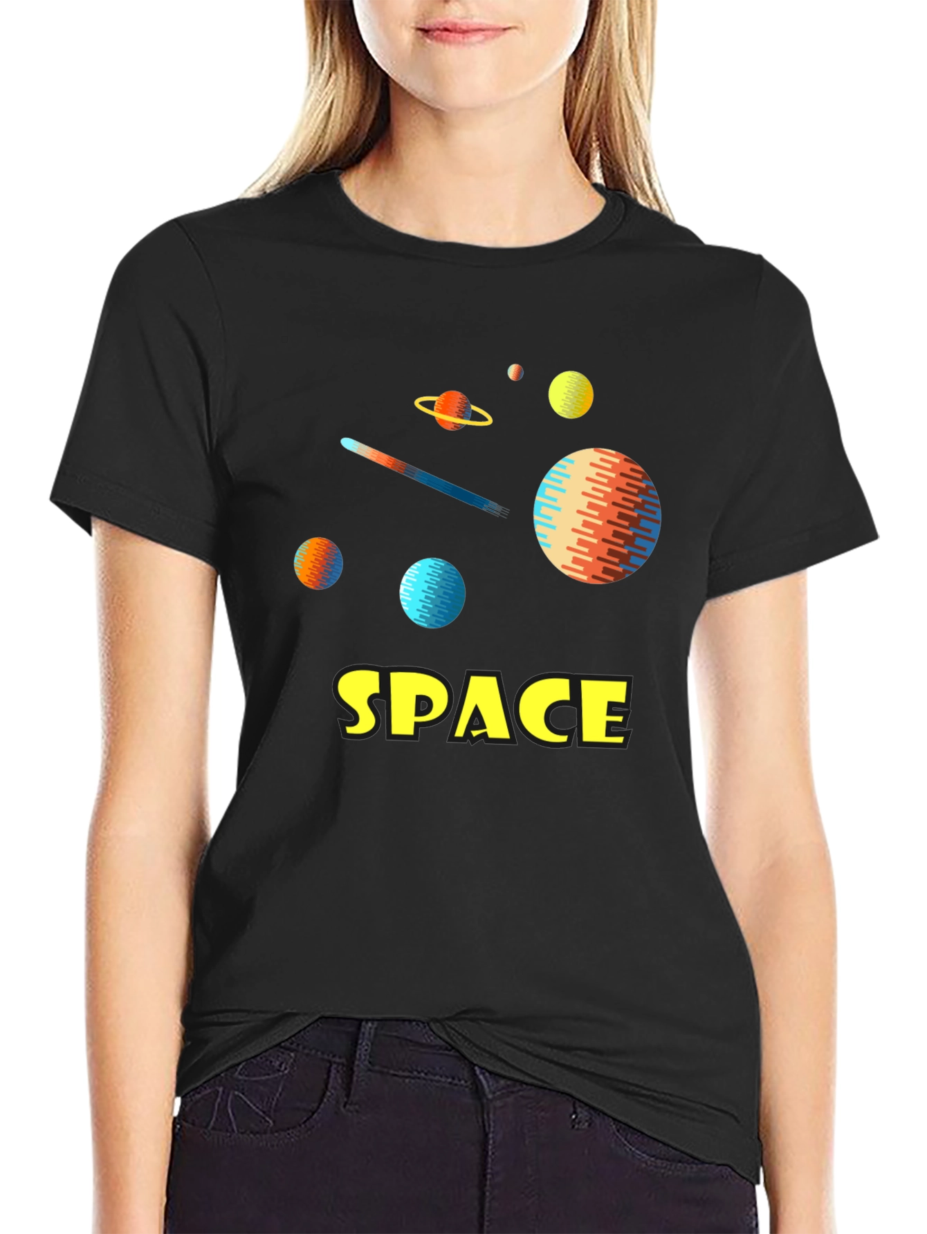 Space Planets Graphic Tee - Black Cotton T-Shirt