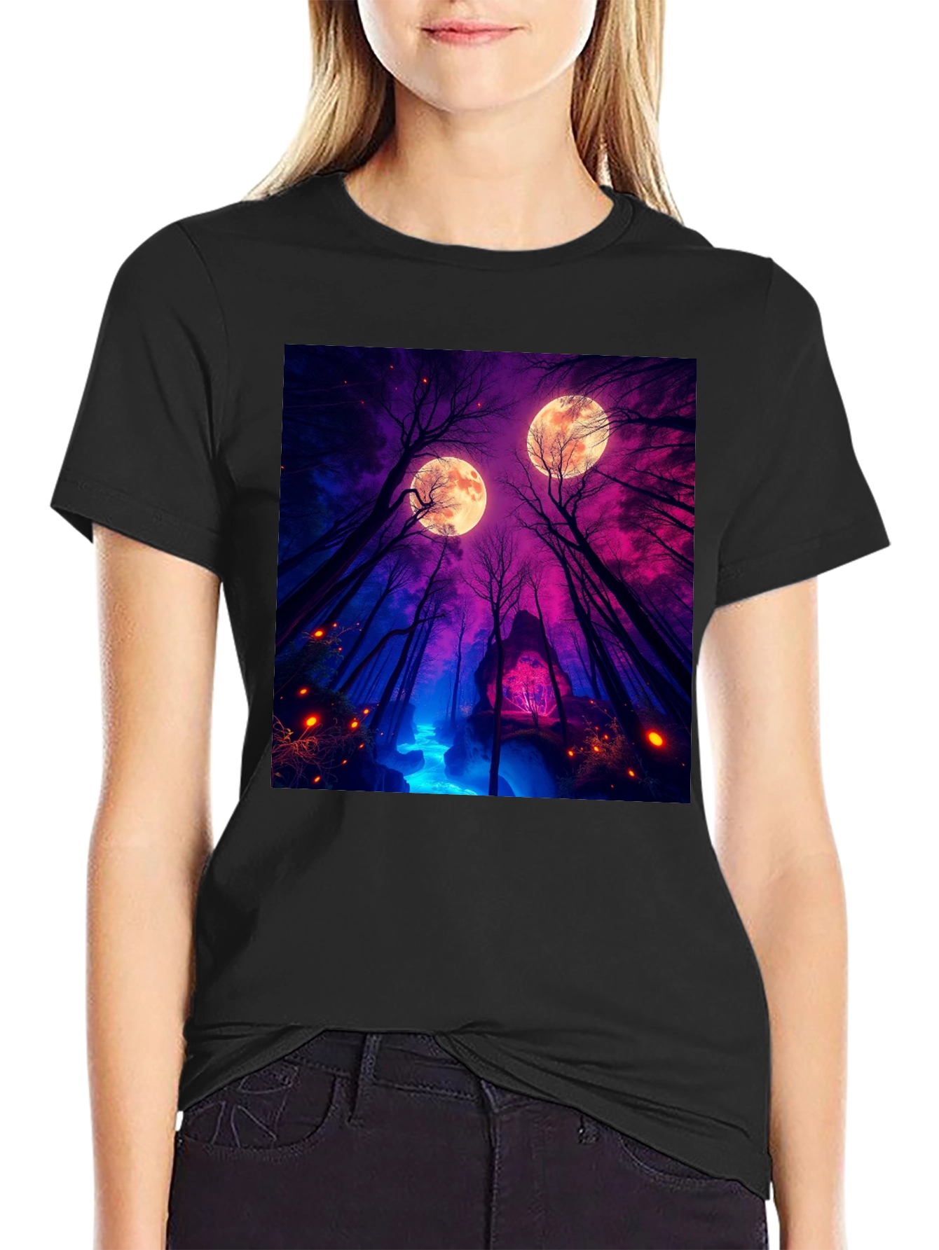 Mystic Moonlight Forest Graphic Tee - Black