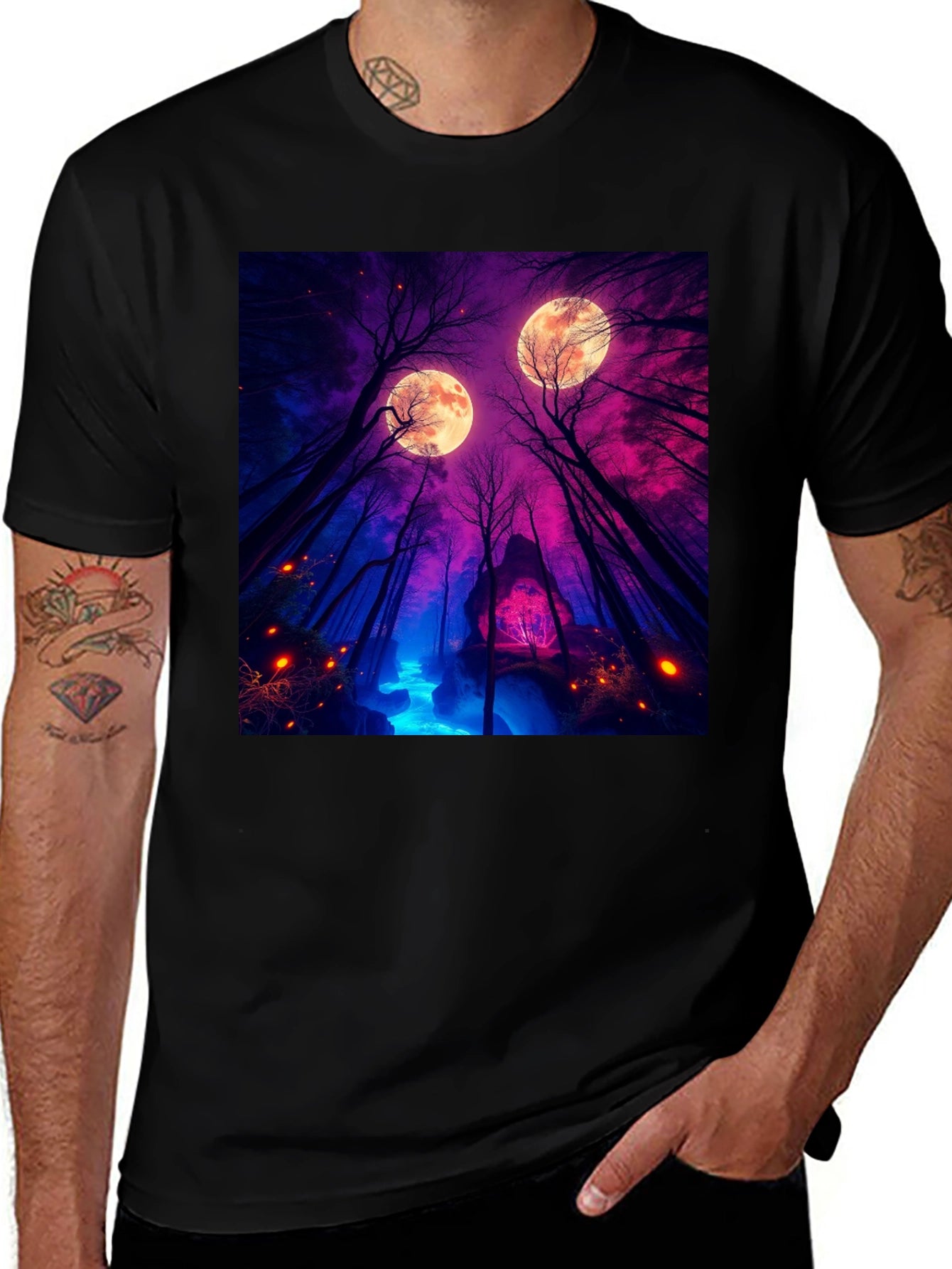 Mystic Moonlight Forest Graphic Tee - Black