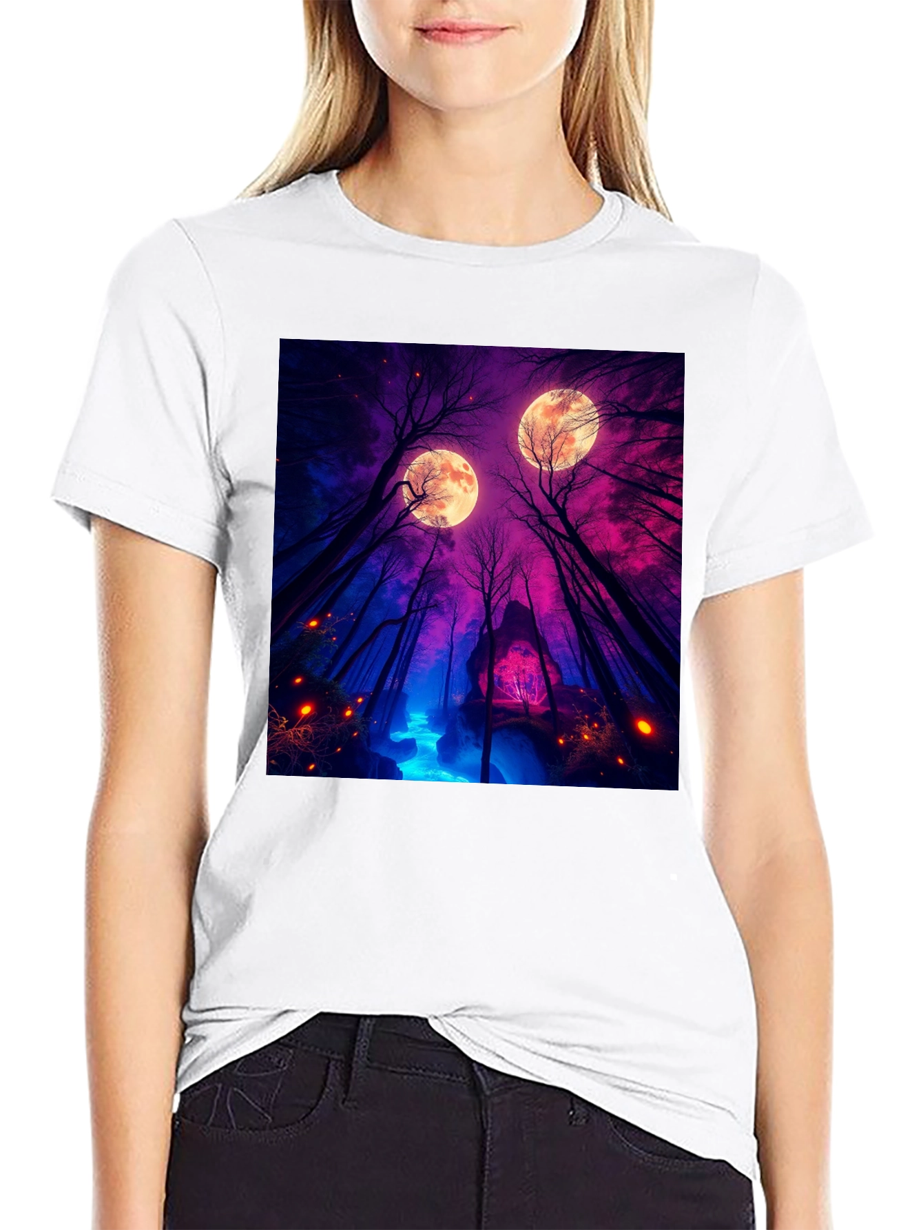 Mystic Moonlight Forest Graphic Tee - Black