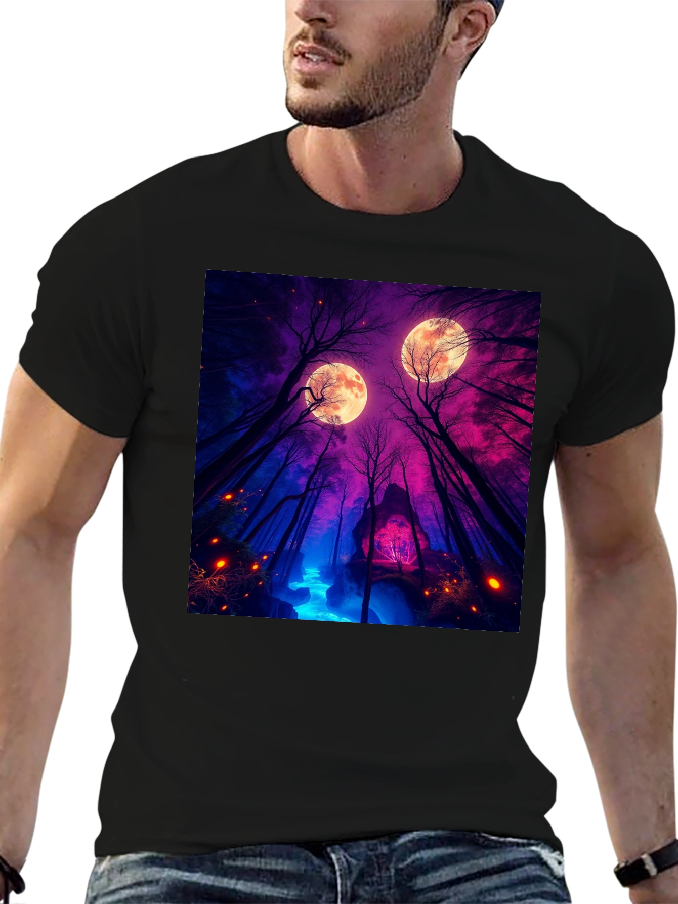 Mystic Moonlight Forest Graphic Tee - Black