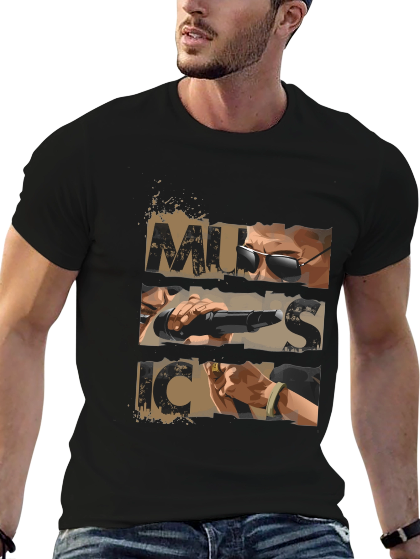 Music Graphic Print Mens Black T-shirt