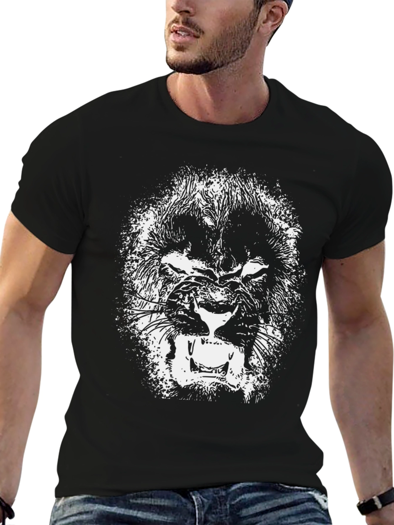 Black T-Shirt with Lion Graphic Print