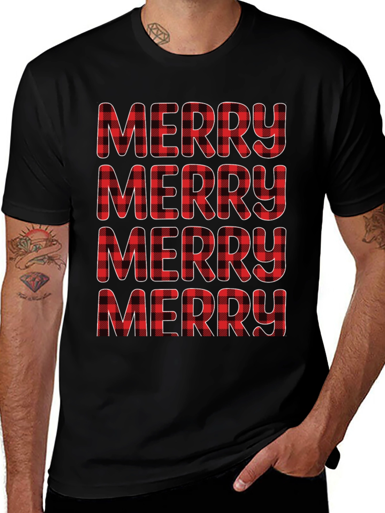 Plaid Merry Christmas Black T-Shirt