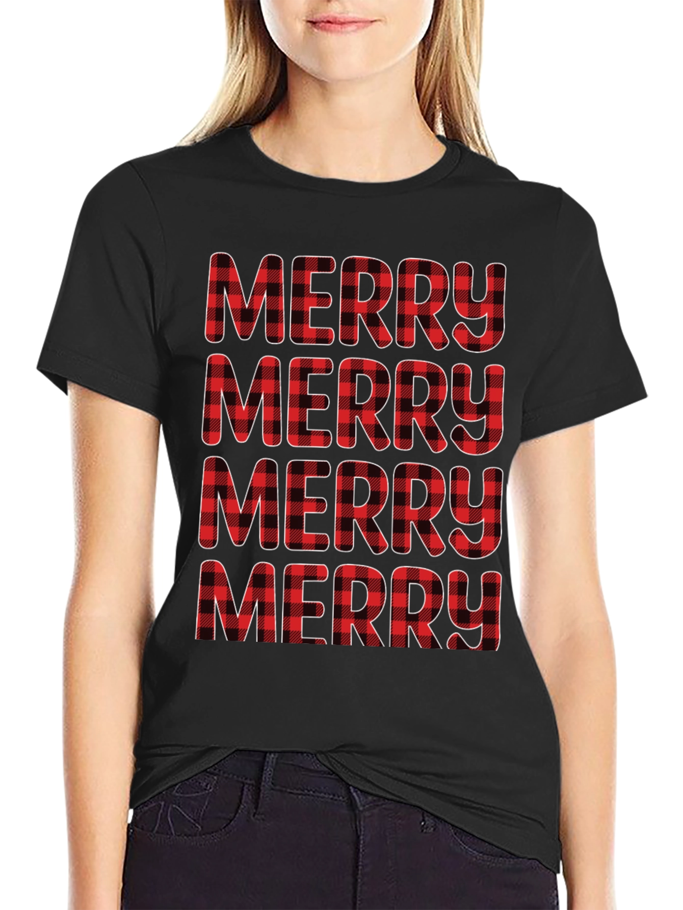 Plaid Merry Christmas Black T-Shirt