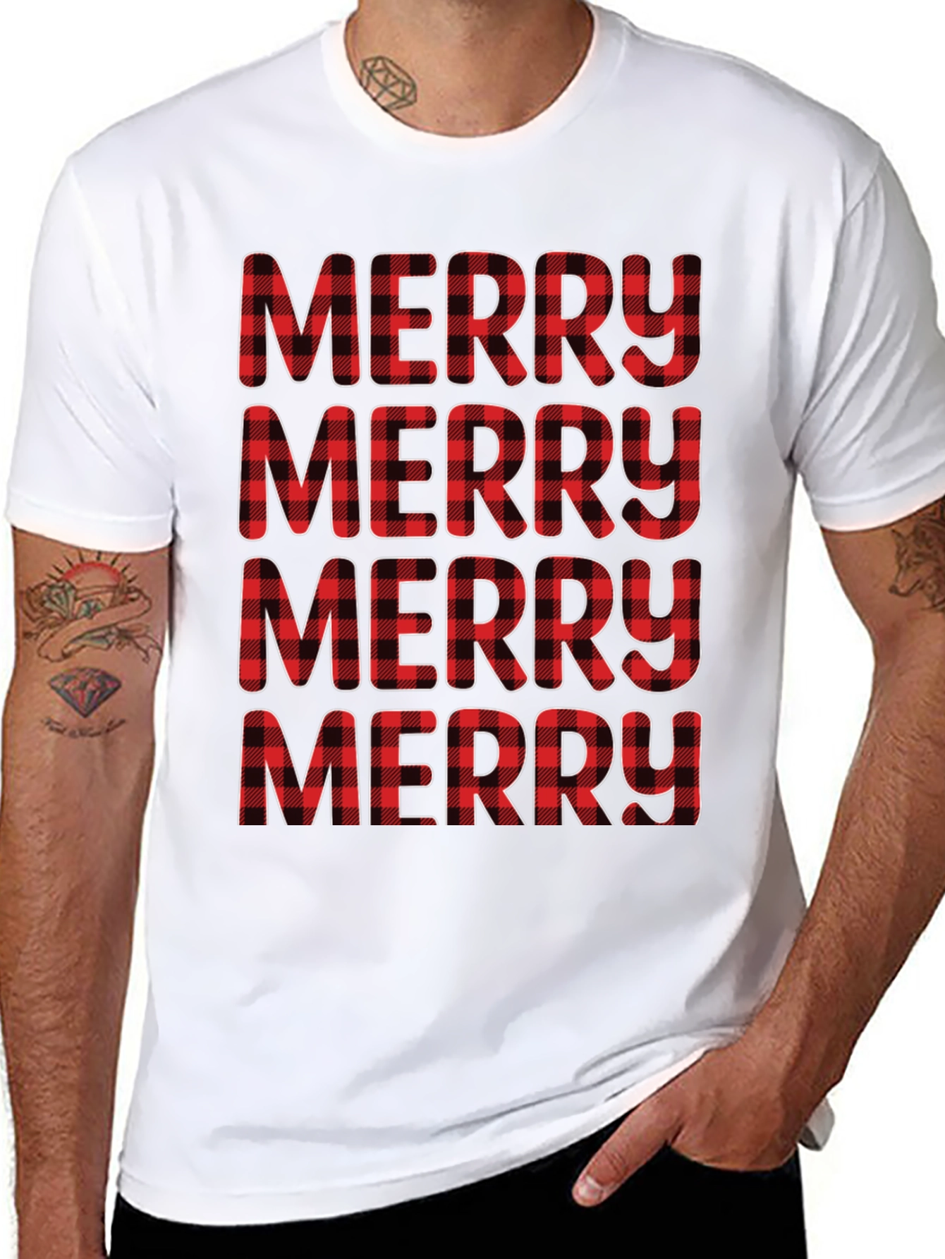 Plaid Merry Christmas Black T-Shirt