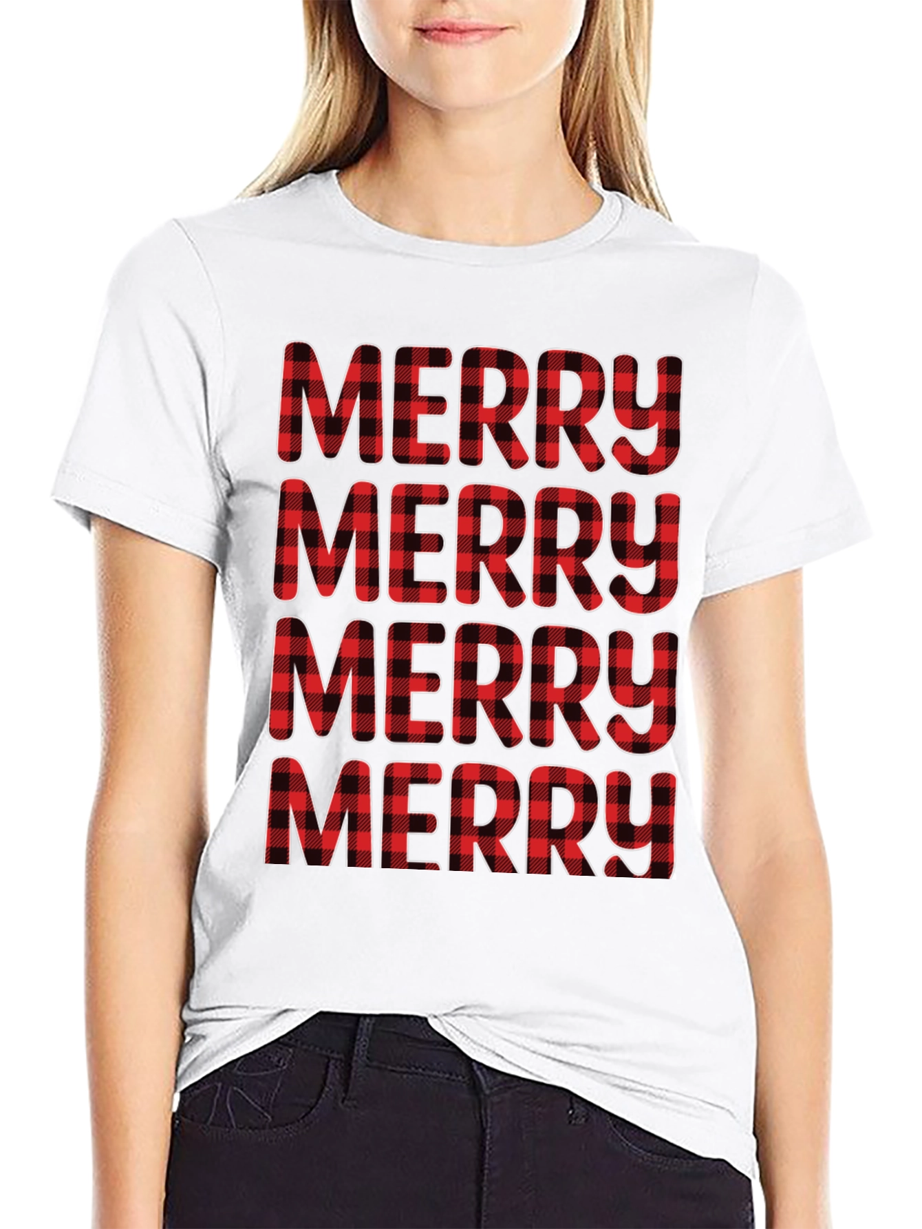 Plaid Merry Christmas Black T-Shirt