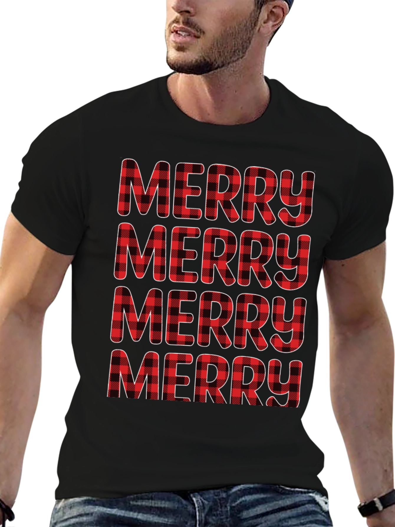 Plaid Merry Christmas Black T-Shirt